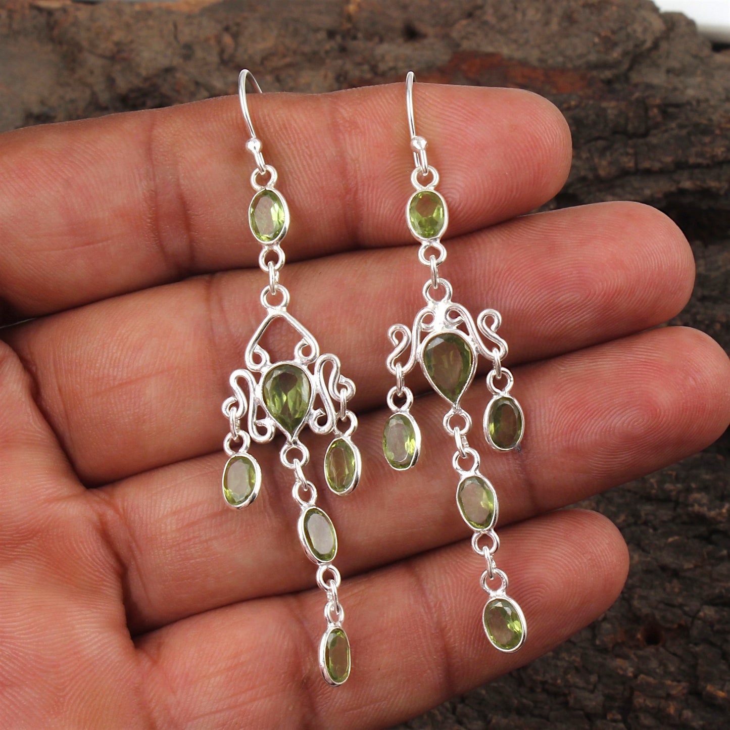 Long Dangle Natural Peridot Earrings 925 Sterling Silver Handmade Faceted Green Gemstone Earrings