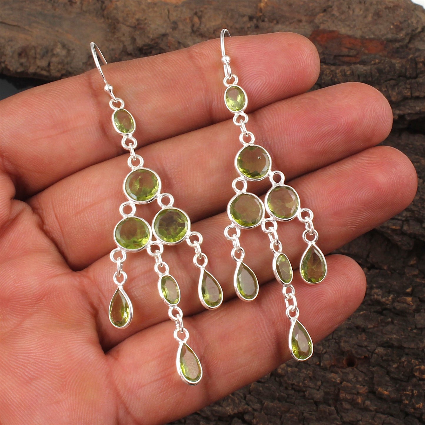 Natural Peridot Long Earrings 925 Sterling Silver Handmade Bezel Set August Birthstone Earrings