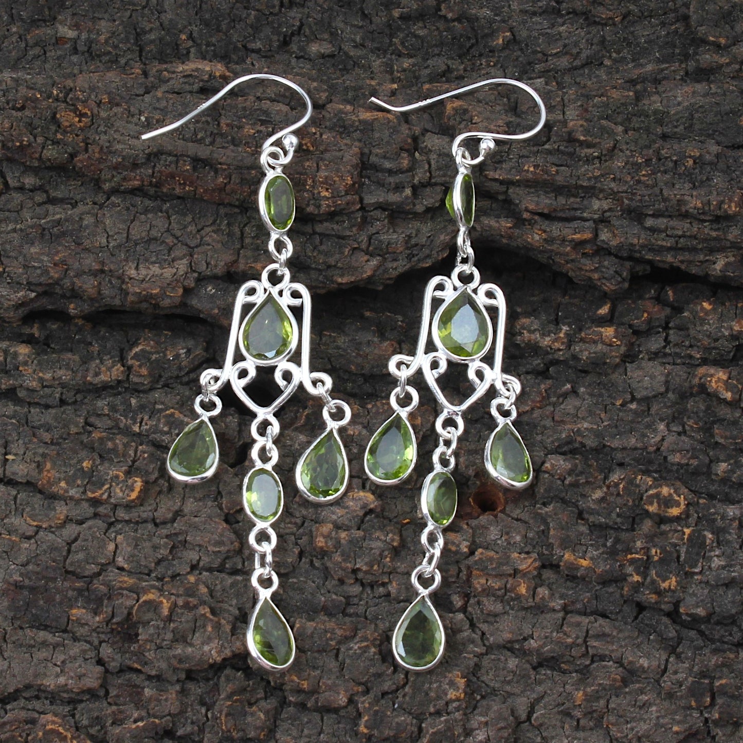 Natural Peridot Long Earrings Handcrafted 925 Sterling Silver Bezel Set August Birthstone Earrings