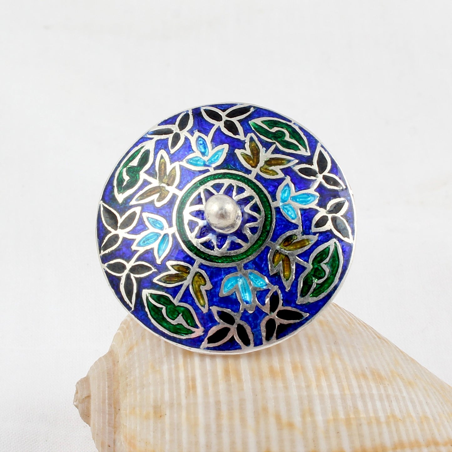 Floral Round Ring Handmade 925 Solid Sterling Silver Enamel Ring Size 8.75 USA