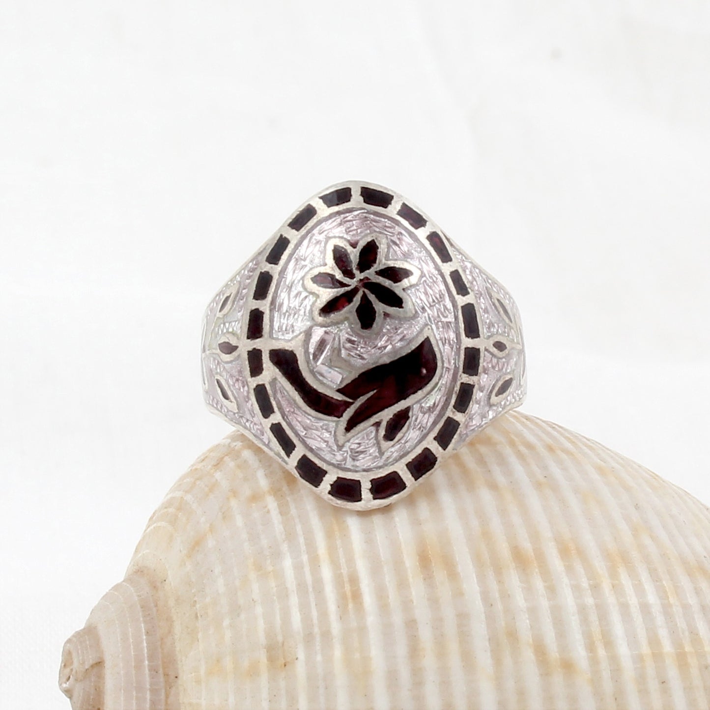 Floral Signet Oval Ring Handmade 925 Solid Sterling Silver Enamel Ring Birthday Gift For Her Ring Size 7 USA