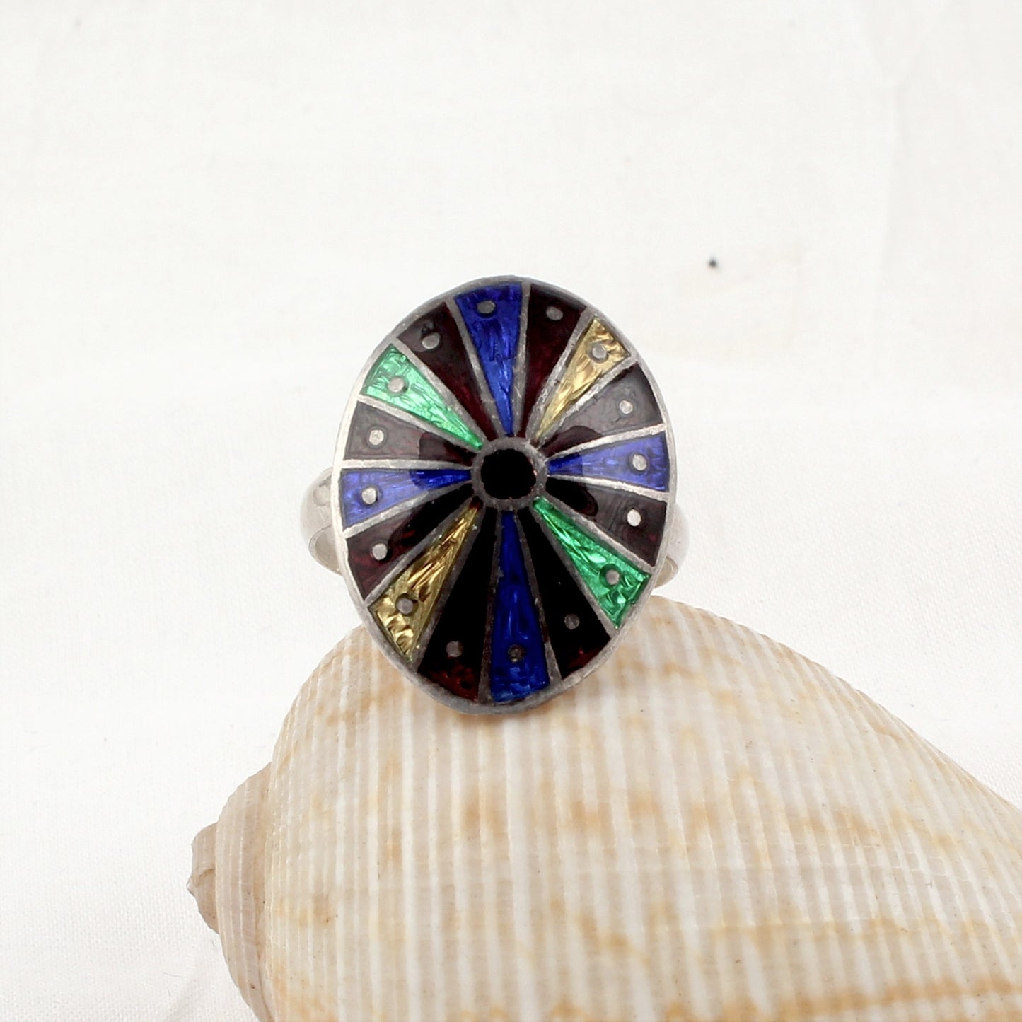 Multicolor Oval Signet Ring Handmade 925 Solid Sterling Silver Enamel Ring Size 10 USA