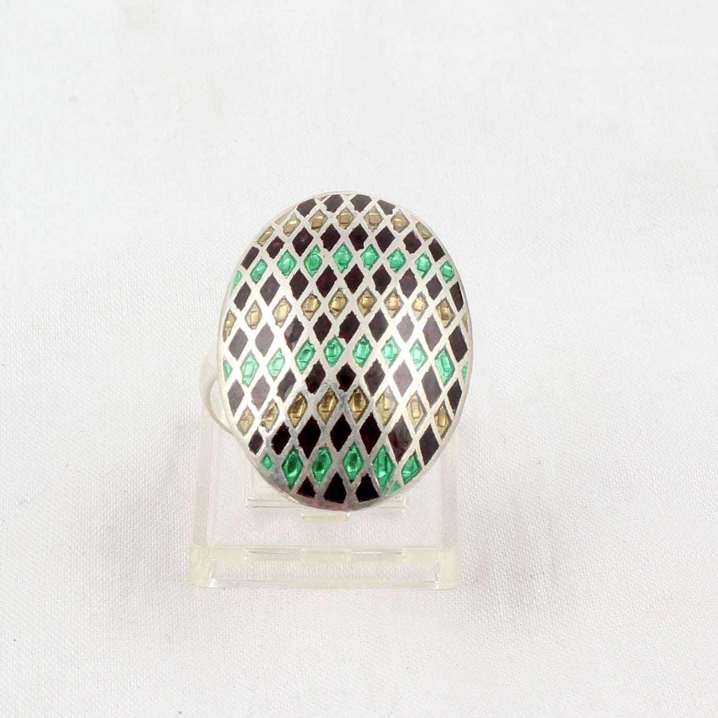 925 Sterling Silver Multicolor Enamel Ring Handmade Oval Shape Unique Artisan Ring Size 7.25 USA