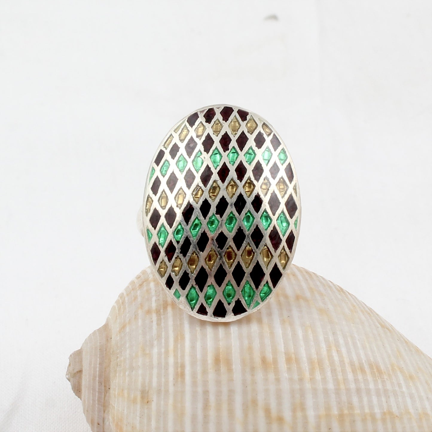 925 Sterling Silver Multicolor Enamel Ring Handmade Oval Shape Unique Artisan Ring Size 7.25 USA