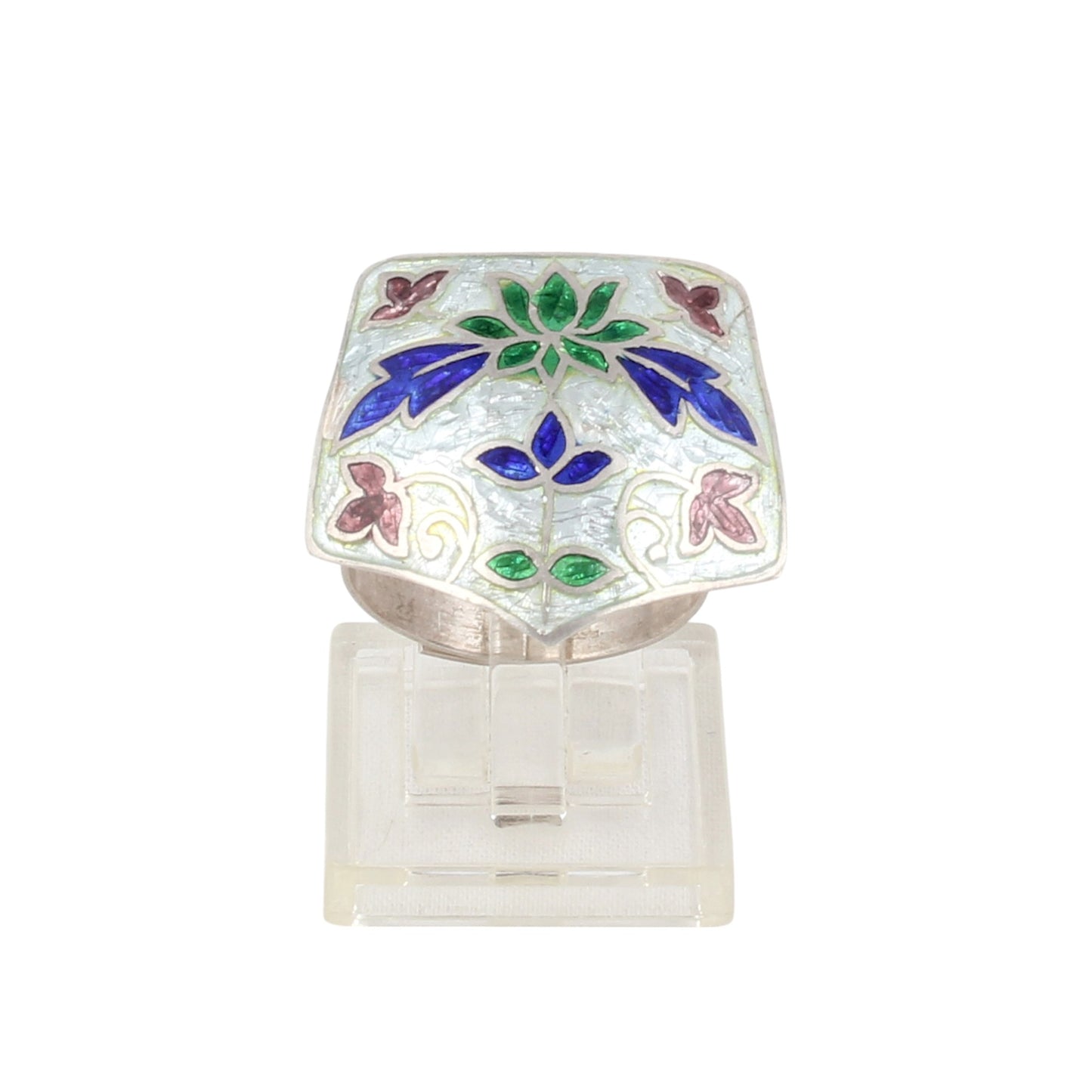 Designer Floral Enamel Ring Handmade 925 Solid Sterling Silver Enameled Ring Size 9 USA