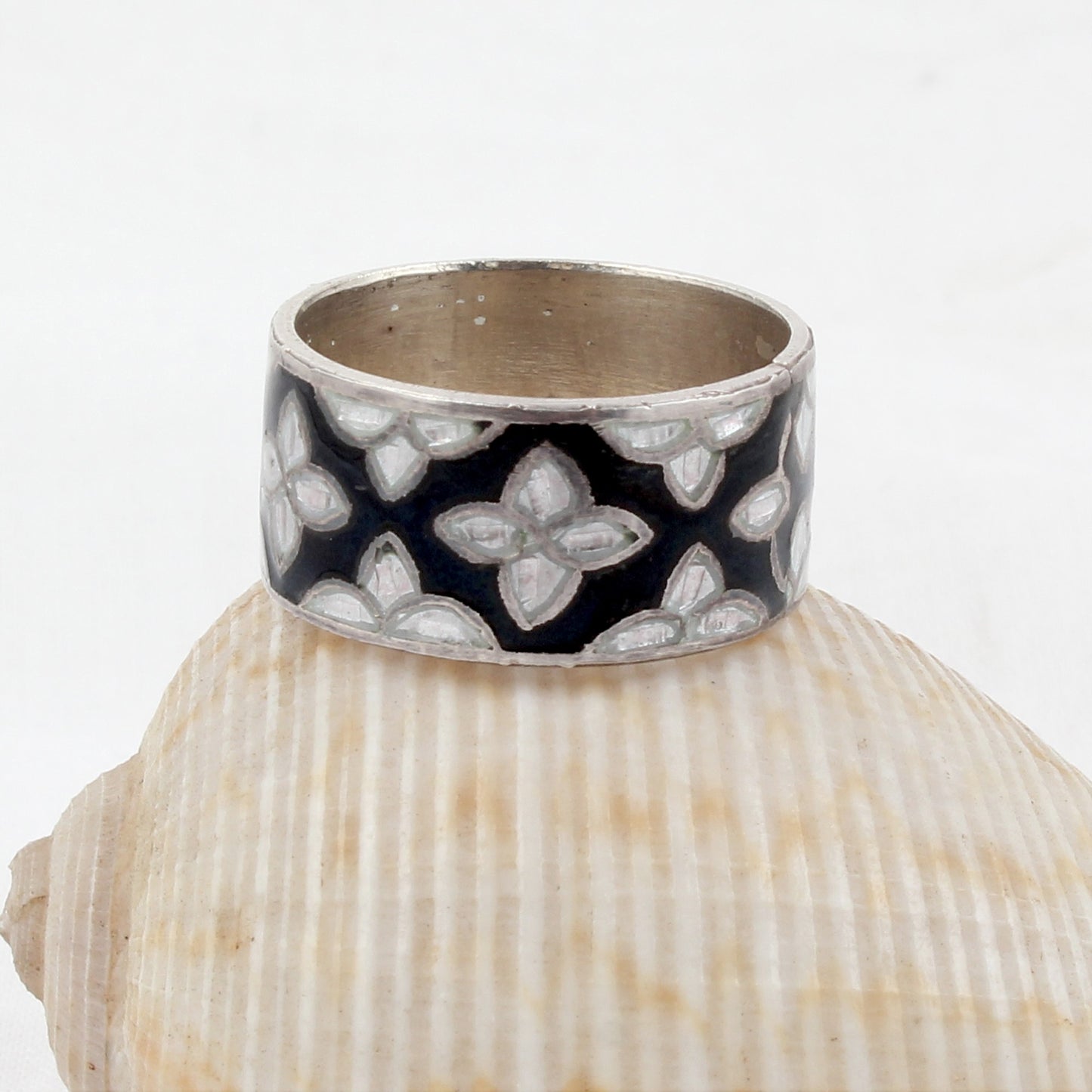 Floral Enamel Ring Handmade 925 Solid Sterling Silver Designer Band Ring Size 8.5 USA