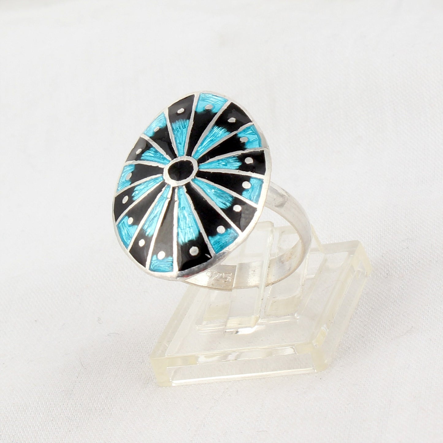 Oval Enamel Designer Ring Handcrafted 925 Sterling Silver Designer Meenakari Art Ring Size 7.5 USA