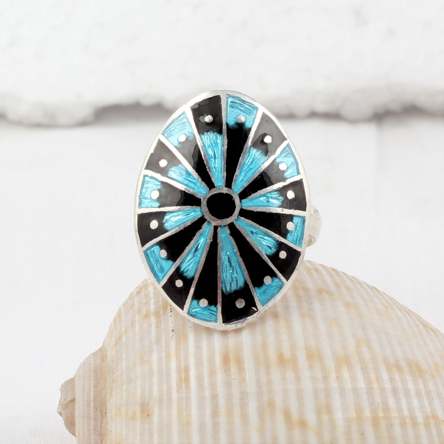 Oval Enamel Designer Ring Handcrafted 925 Sterling Silver Designer Meenakari Art Ring Size 7.5 USA