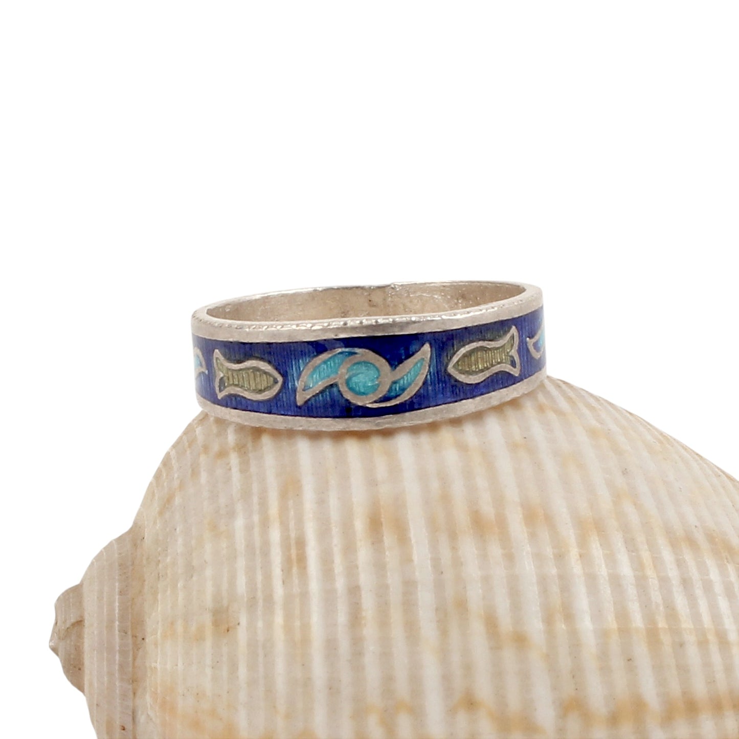 Enamel Fish Band Ring Handmade 925 Solid Sterling Silver Designer Ring Size 8.5 USA