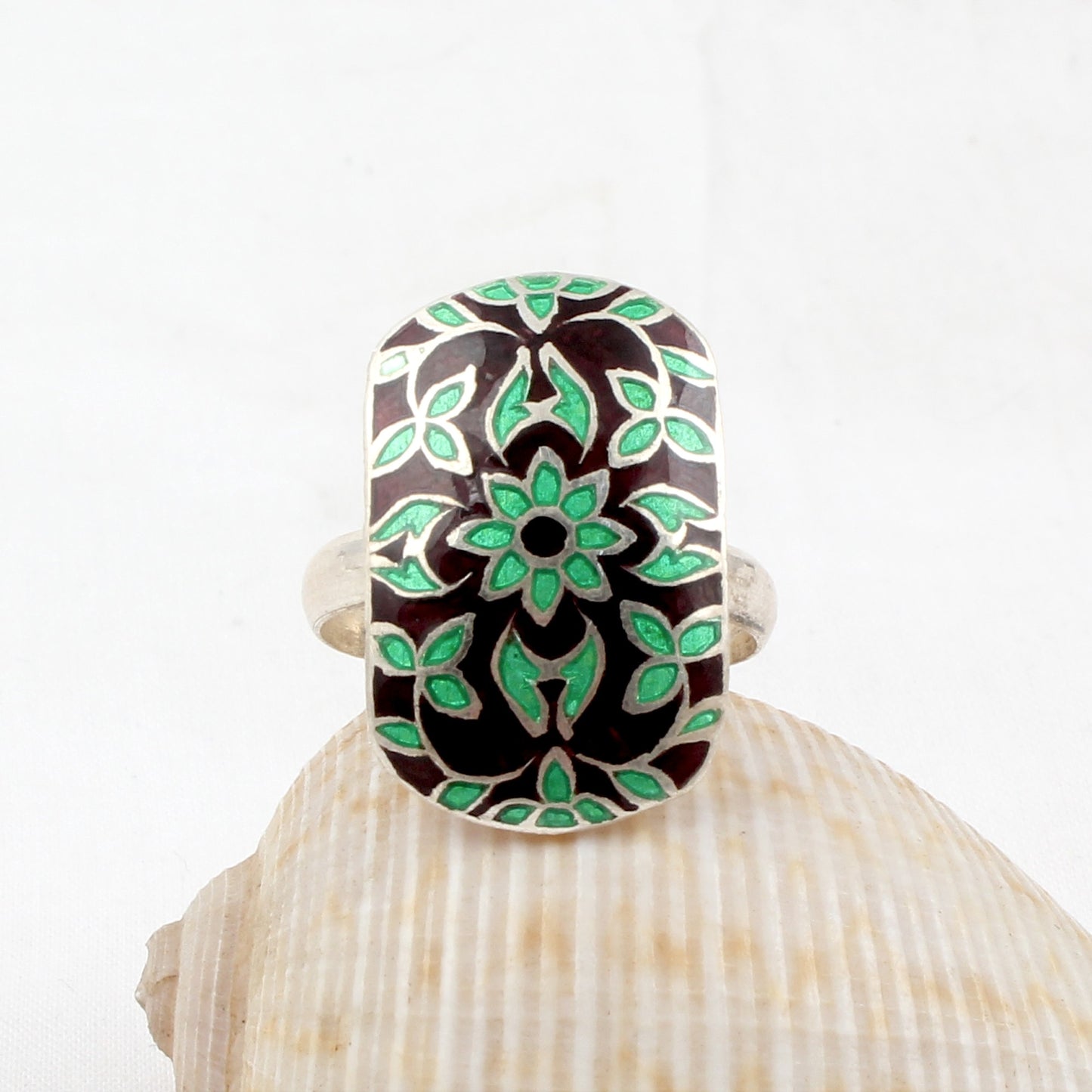 Floral Leaf Enamel Ring Handmade 925 Solid Sterling Silver Ring Birthday Gift For Her Ring Size 10 USA