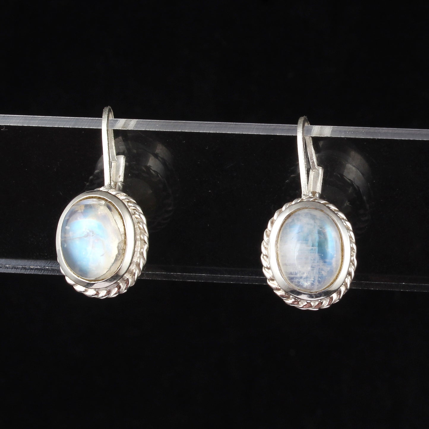 Rainbow Moonstone Earrings Twisted Wire 925 Sterling Silver Earrings Handmade Oval Shape White Rainbow Earrings