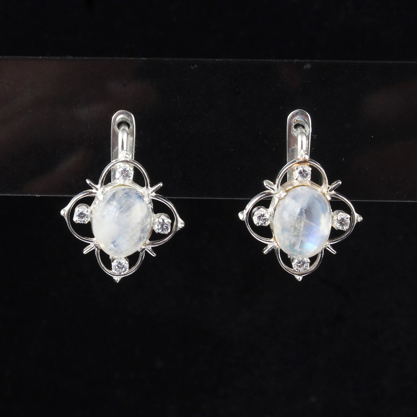 Rainbow Moonstone Earrings with CZ Studded Handmade 925 Sterling Silver Lightweight Gemstone Earrings