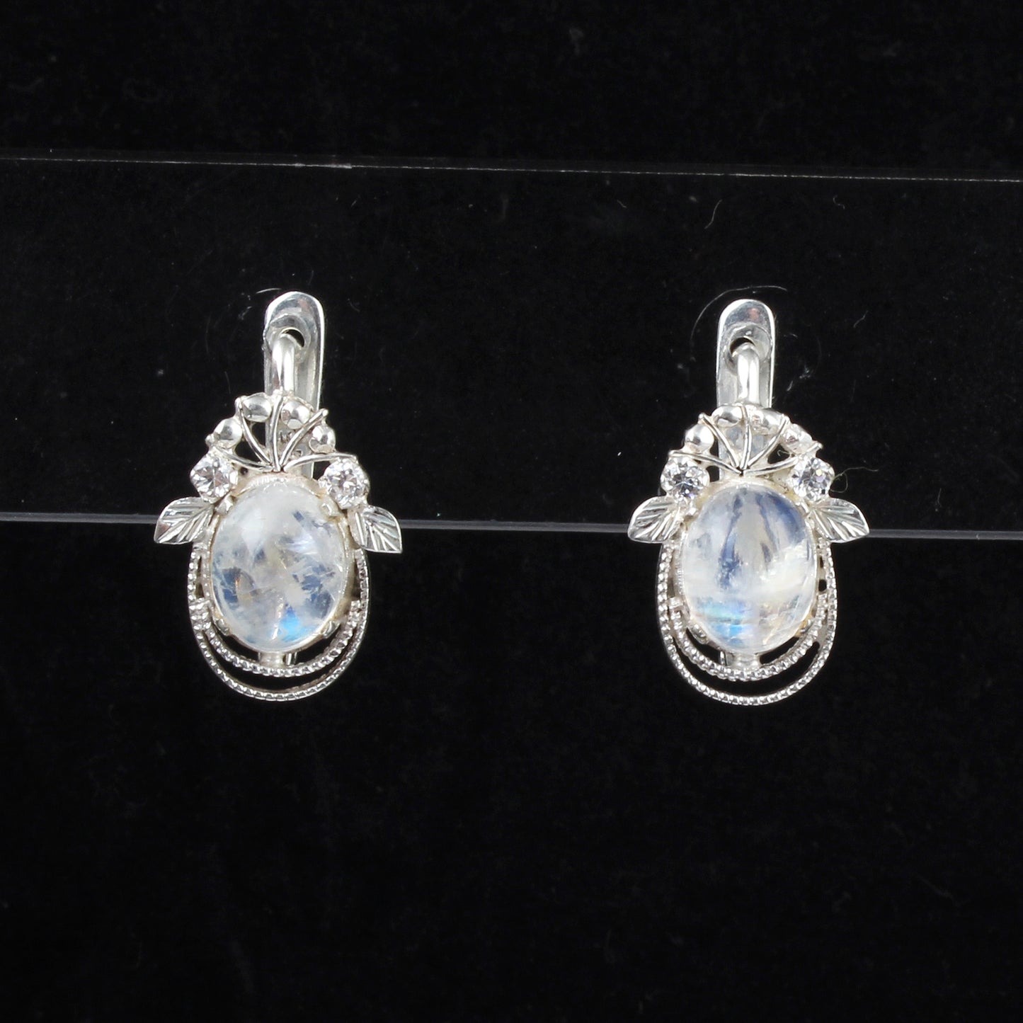 Leaf Charm Moonstone Earrings with CZ Studded Handmade Lightweight 925 Sterling Silver Minimalist Earrings