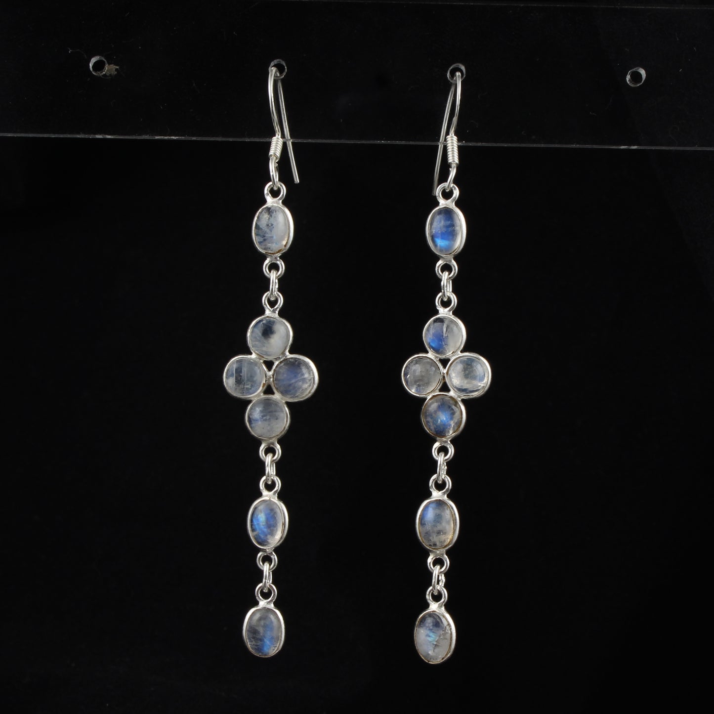 Long Dangle Rainbow Moonstone Earrings 925 Sterling Silver Earrings Handmade White Rainbow Jewelry