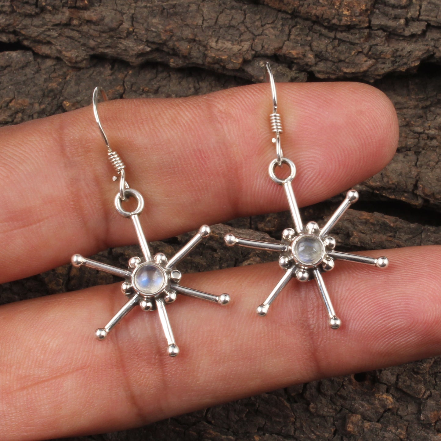 Designer Star Shape Rainbow Moonstone Earrings Handmade 925 Sterling Silver Earrings Jewelry