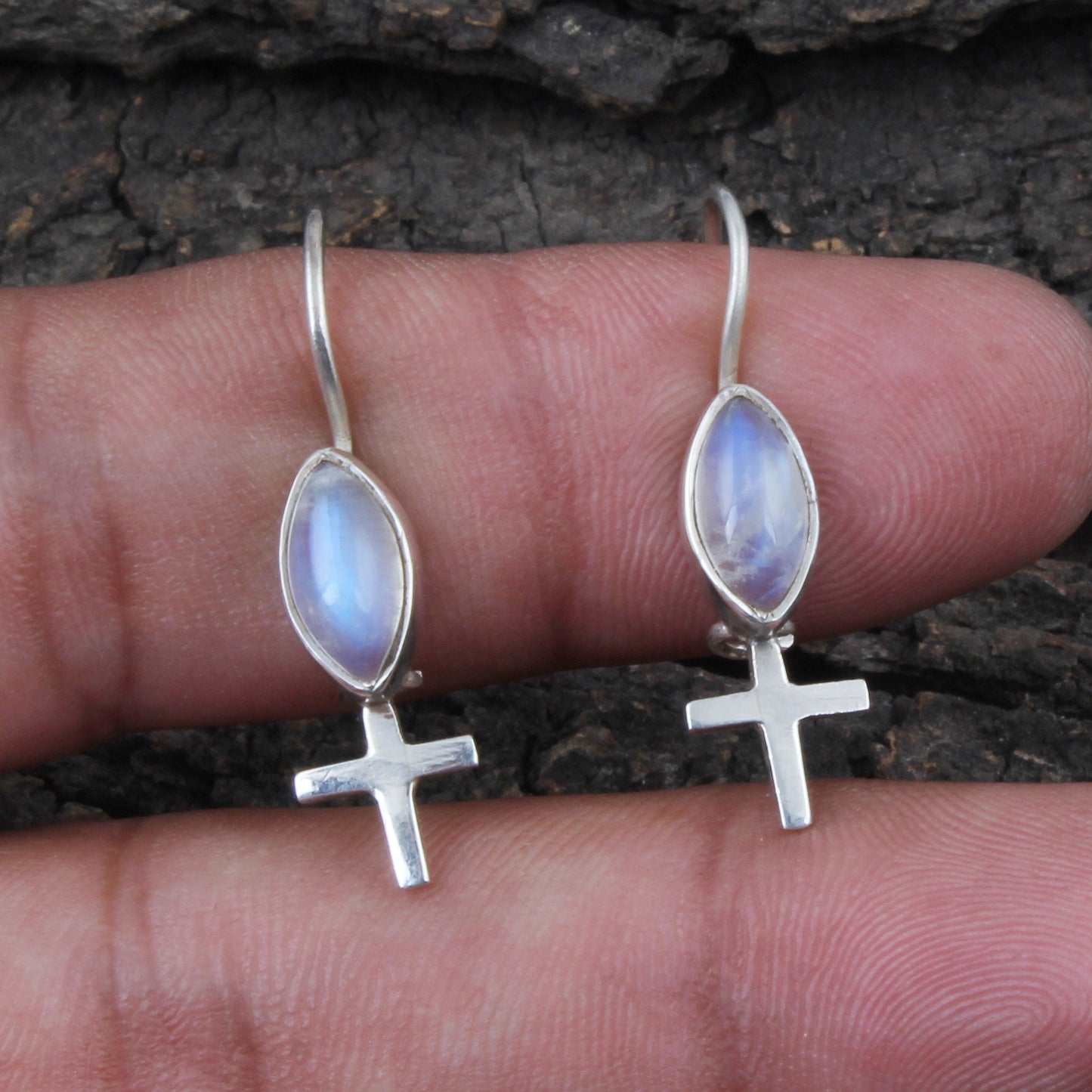 Rainbow Moonstone Earrings Cross 925 Sterling Silver Earrings Handmade White Rainbow Earrings Jewelry