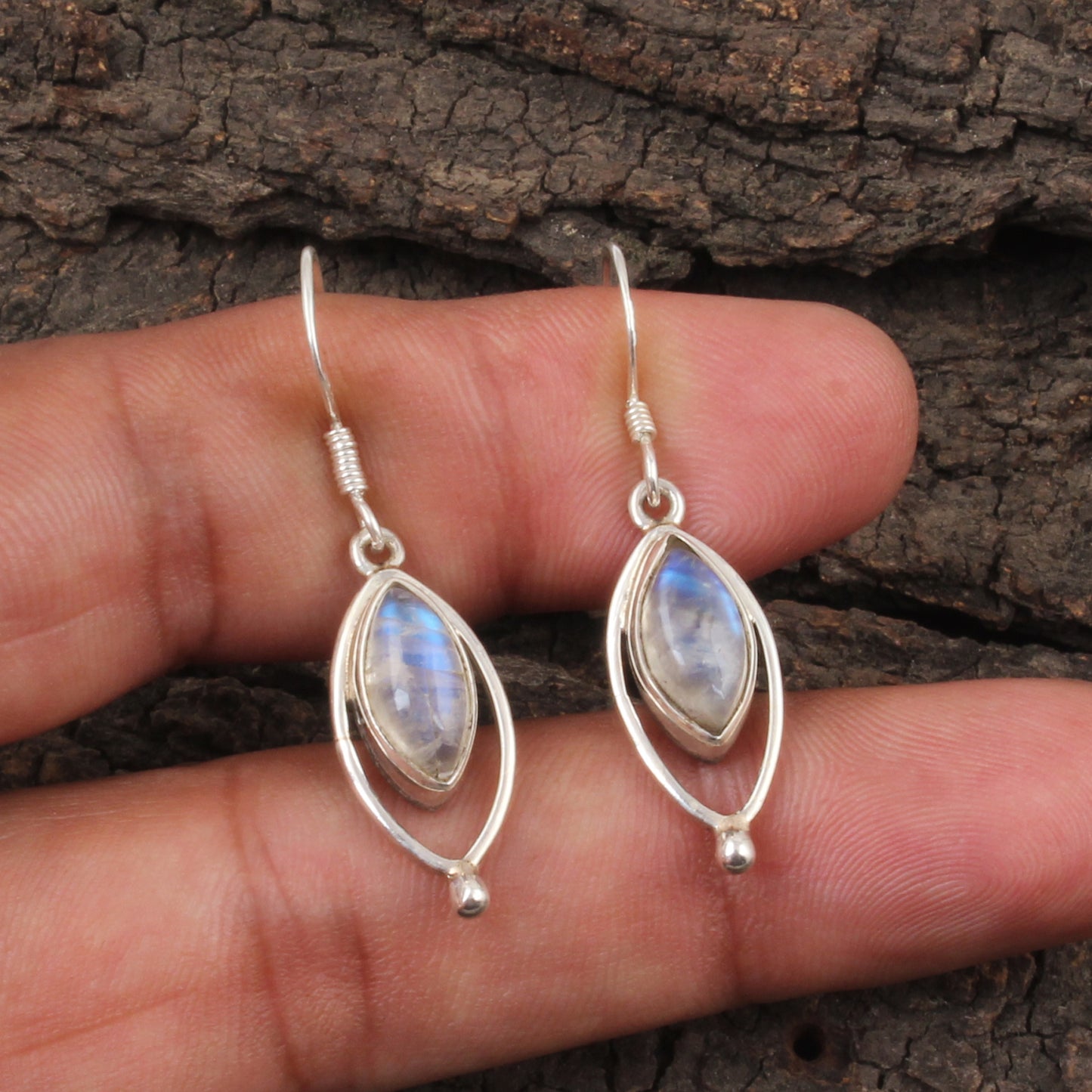 Natural Marquise Rainbow Moonstone Earrings 925 Sterling Silver Earrings Handmade Dangle White Rainbow Jewelry