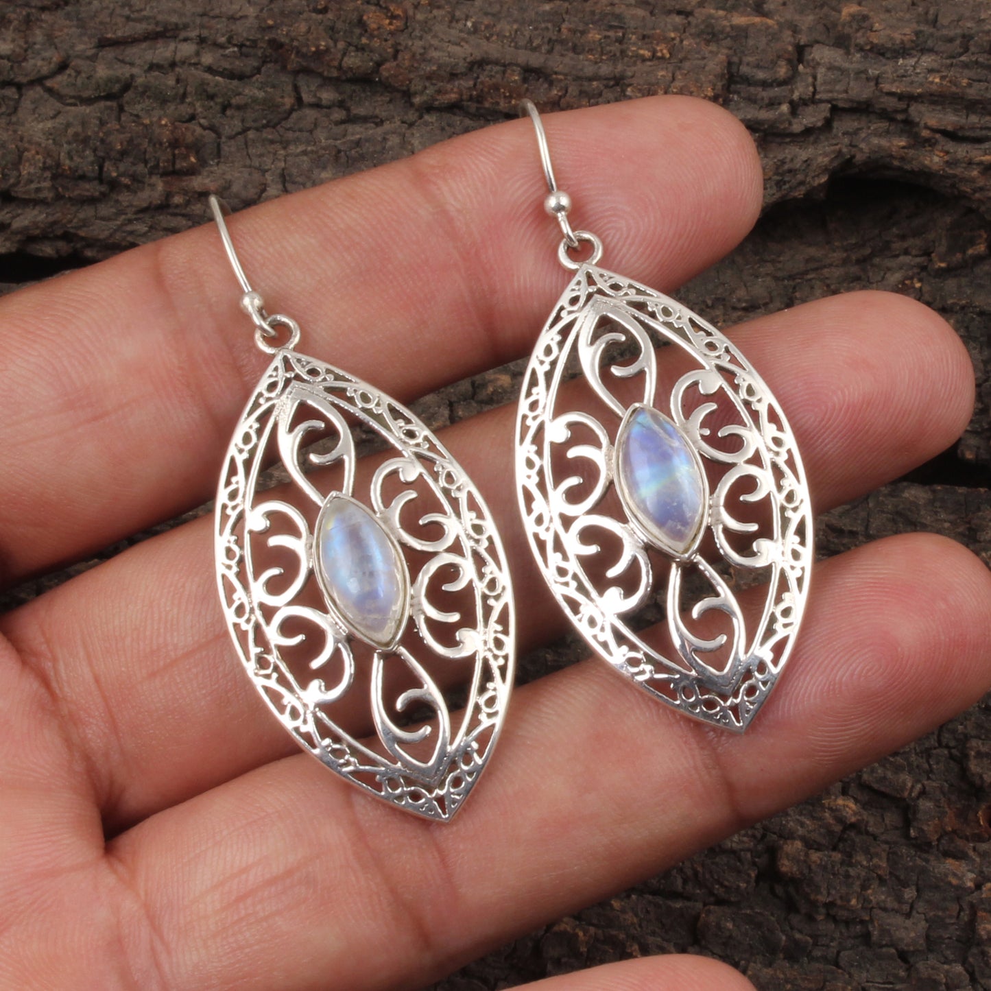 Boho Designer Rainbow Moonstone Earrings 925 Sterling Silver Earrings Handmade Dangle White Rainbow Jewelry