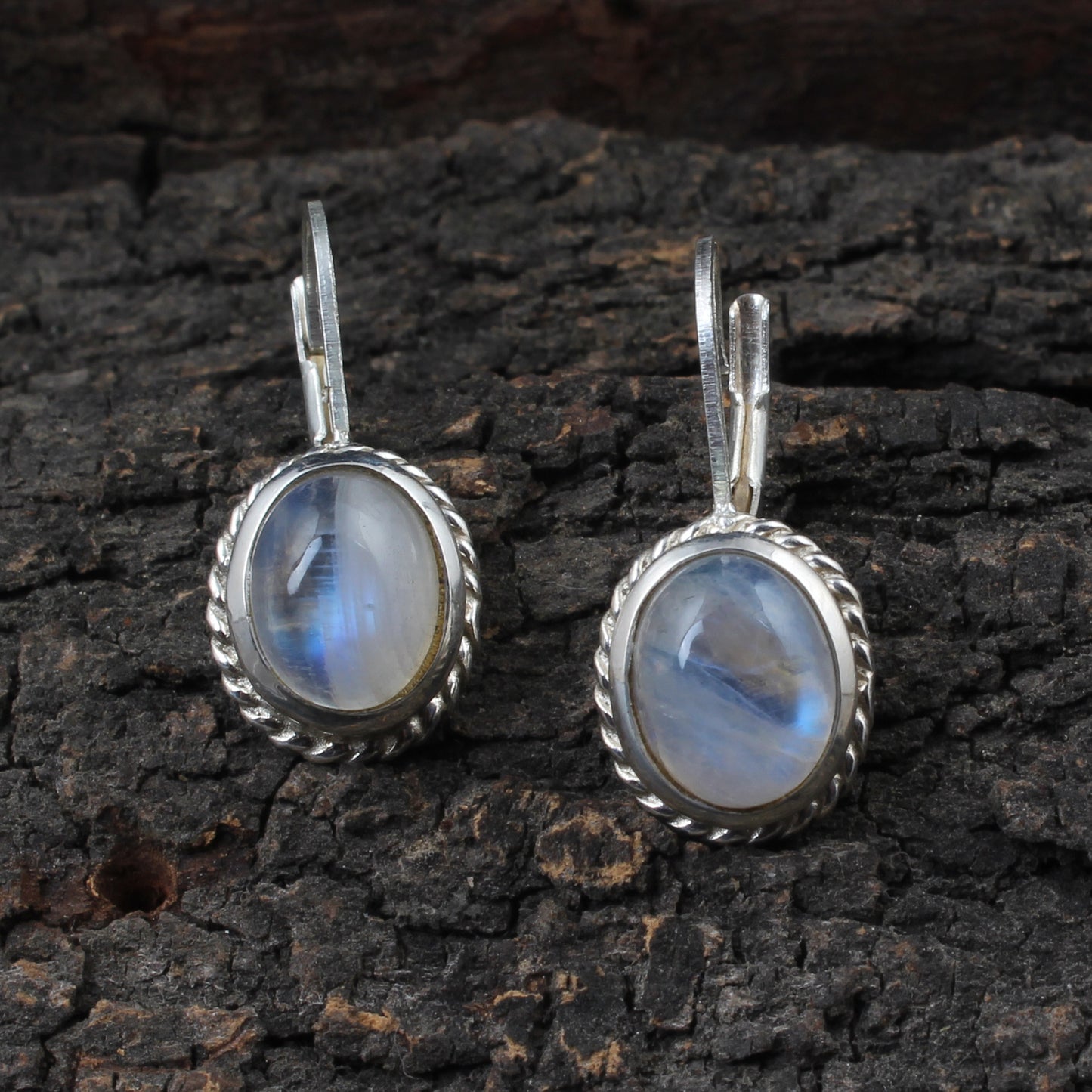 Rainbow Moonstone Lever Back Earrings Twisted Wire Design 925 Sterling Silver Earrings Handmade White Rainbow Earrings