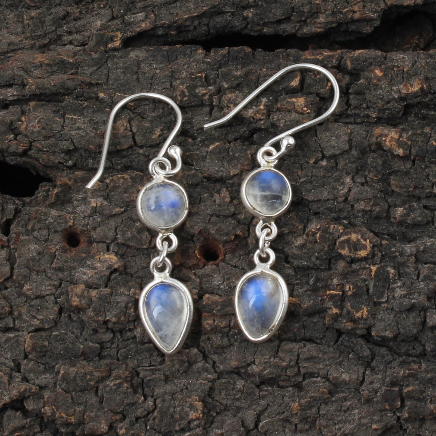 Rainbow Moonstone Bezel Earrings Lightweight 925 Sterling Silver Earrings Handmade Dangle Natural White Rainbow Earrings