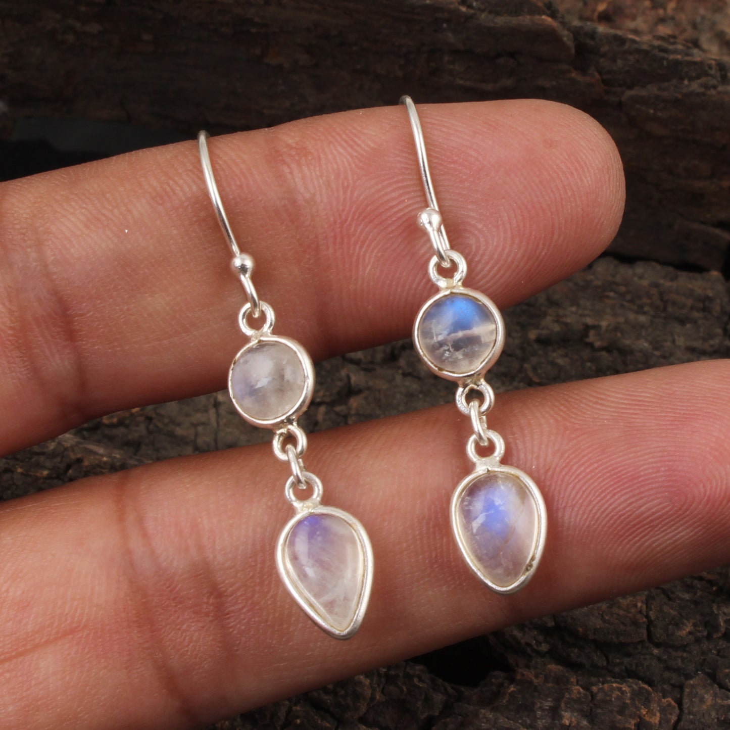 Rainbow Moonstone Bezel Earrings Lightweight 925 Sterling Silver Earrings Handmade Dangle Natural White Rainbow Earrings