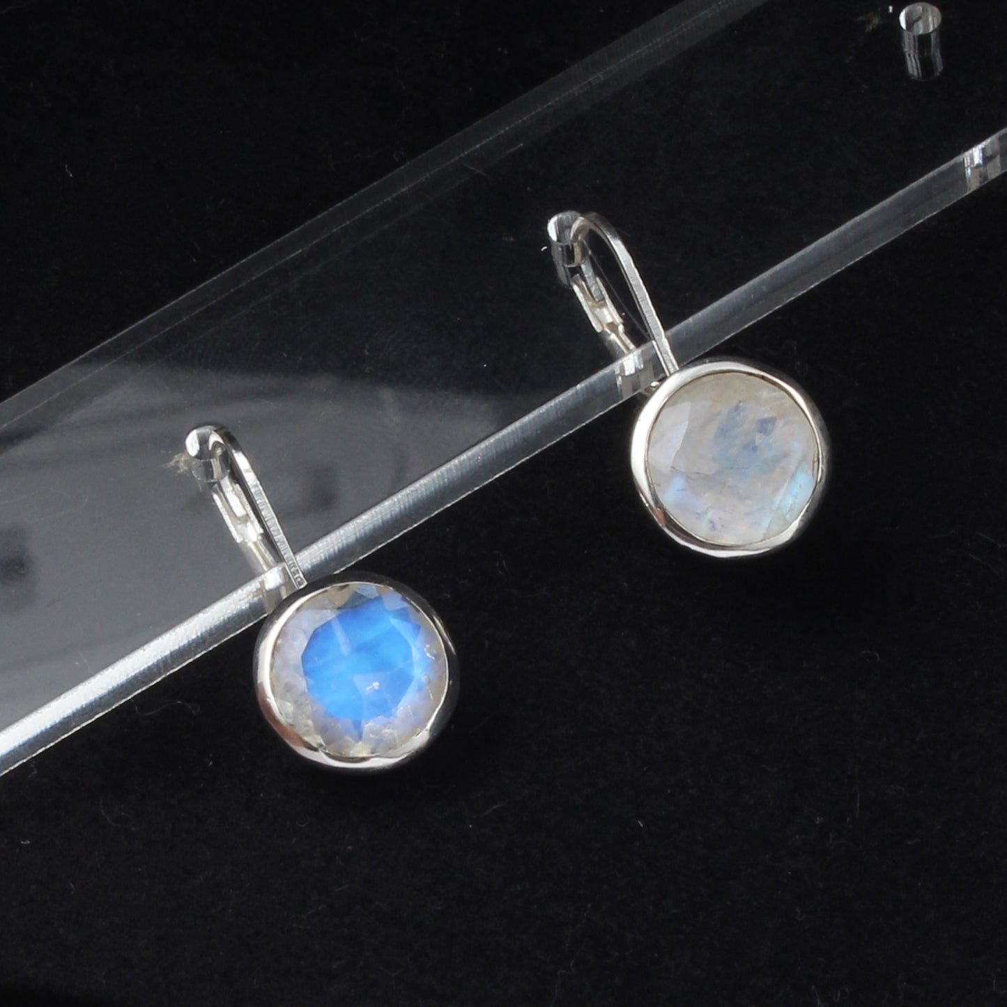 Rainbow Moonstone Lever Back Earrings 925 Sterling Silver Earrings Handmade Round Faceted Blue Flash Rainbow Earrings