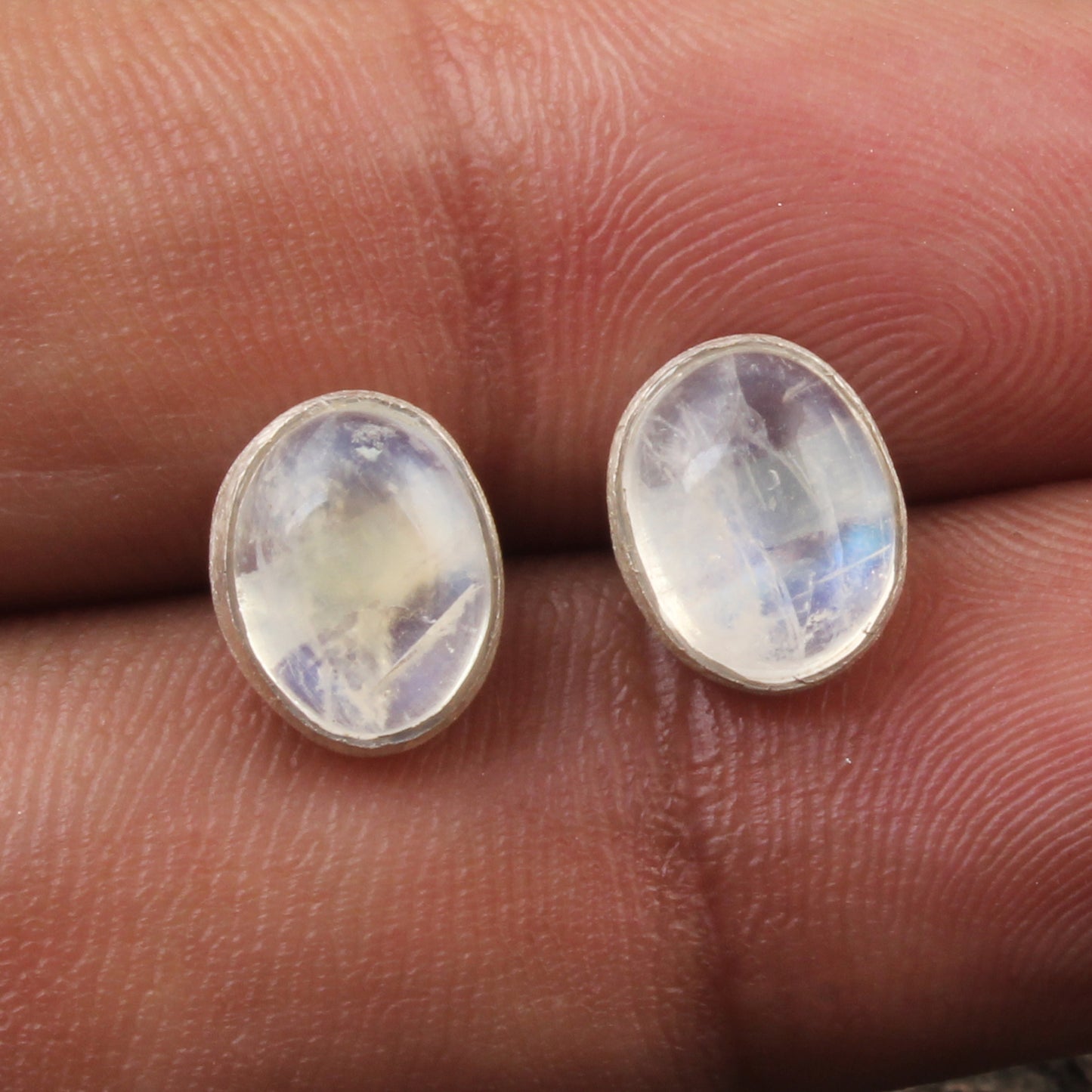 Rainbow Moonstone Stud Earrings Matte Finish 925 Sterling Silver Earrings Handmade Oval Shape White Rainbow Earrings