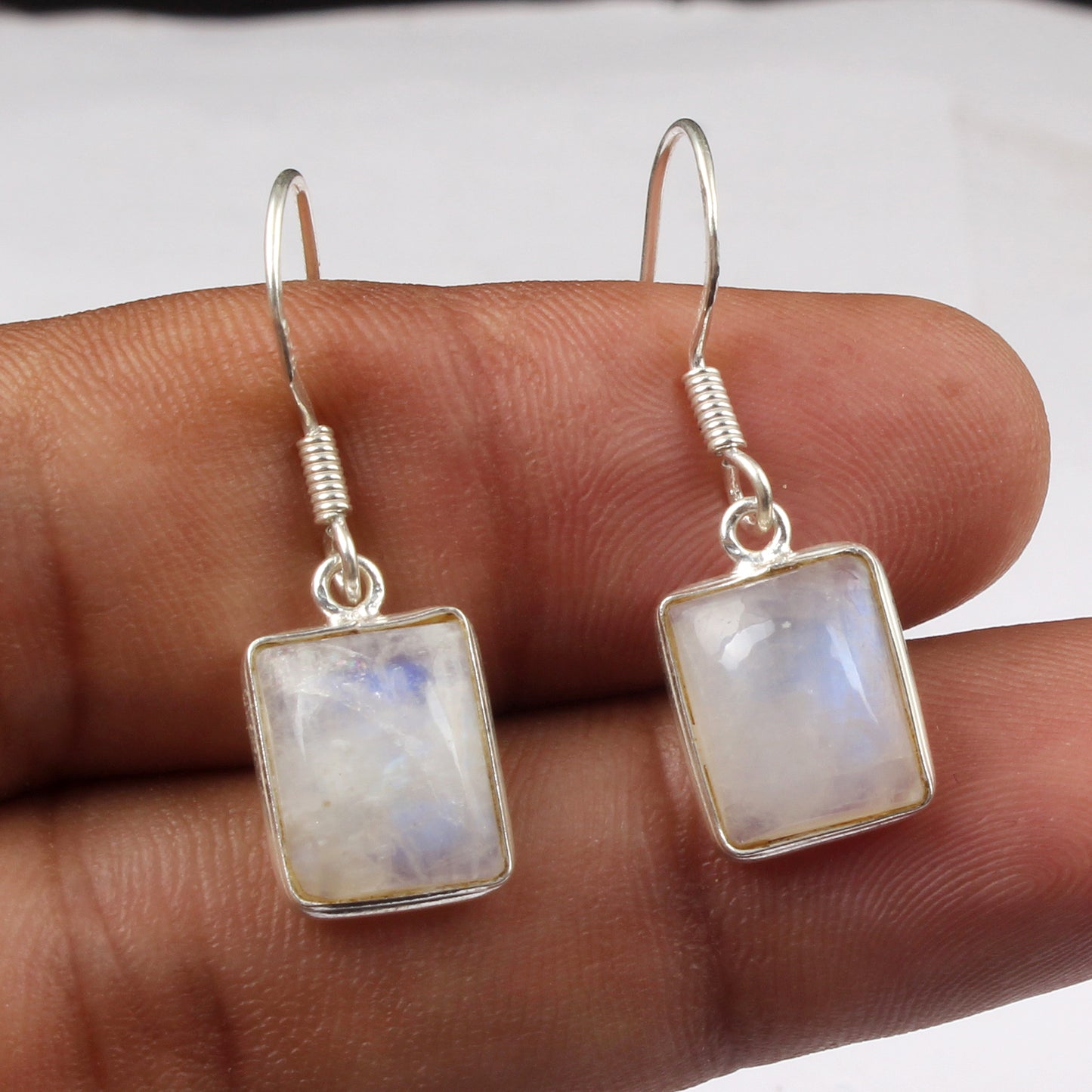 Rainbow Moonstone Earrings Bezel 925 Sterling Silver Jewelry Handmade Dangle White Rainbow Earrings