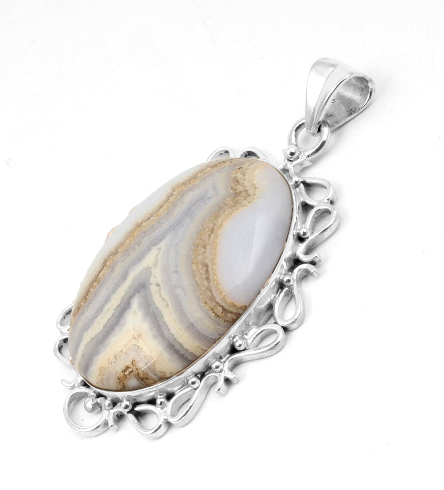 Designer Boho Blue Lace Agate Pendant Handmade 925 Sterling Silver Natural Gemstone Pendant