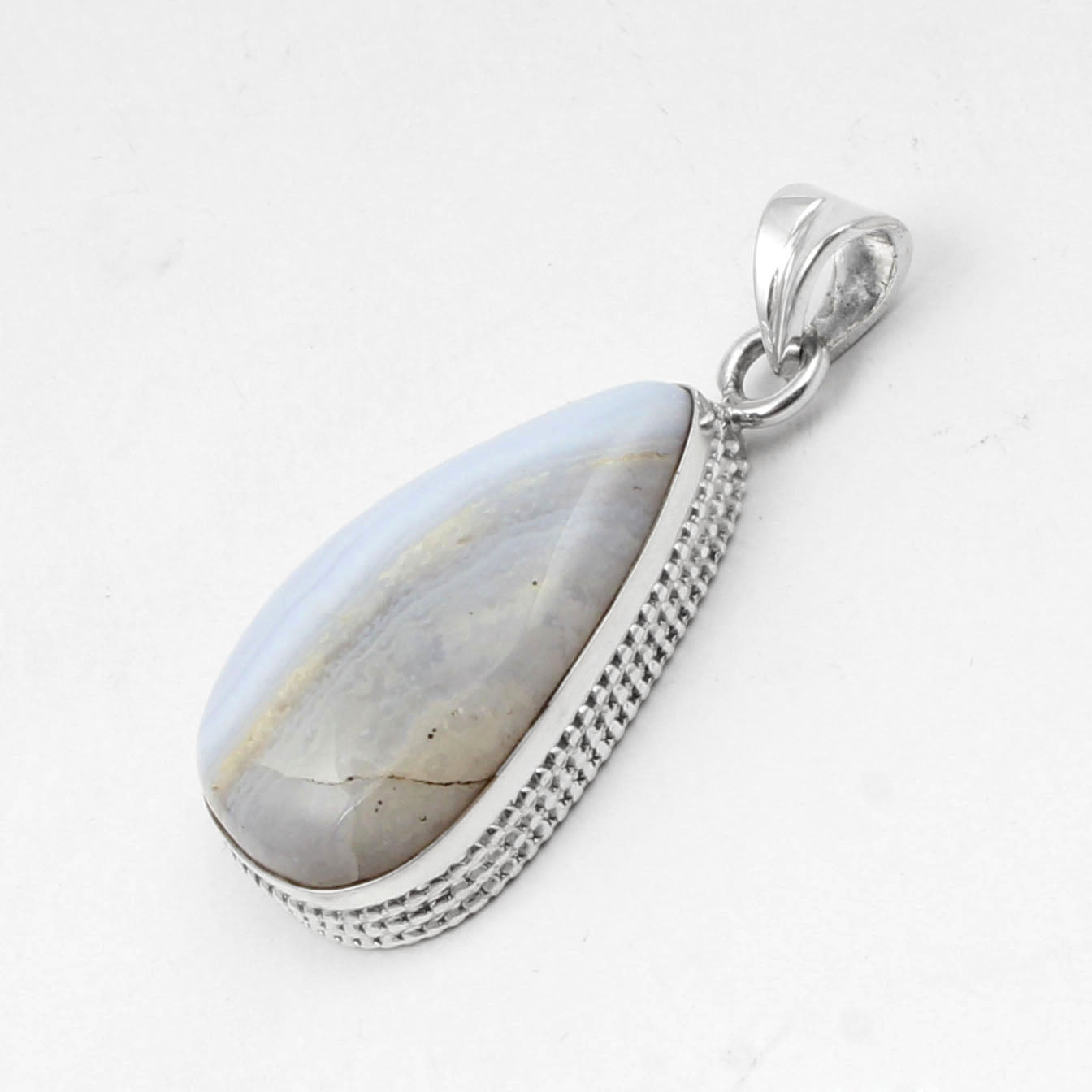 Unique Artisan Pear Blue Lace Agate Pendant Necklace 925 Sterling Silver Handmade Jewelry Gift for Her