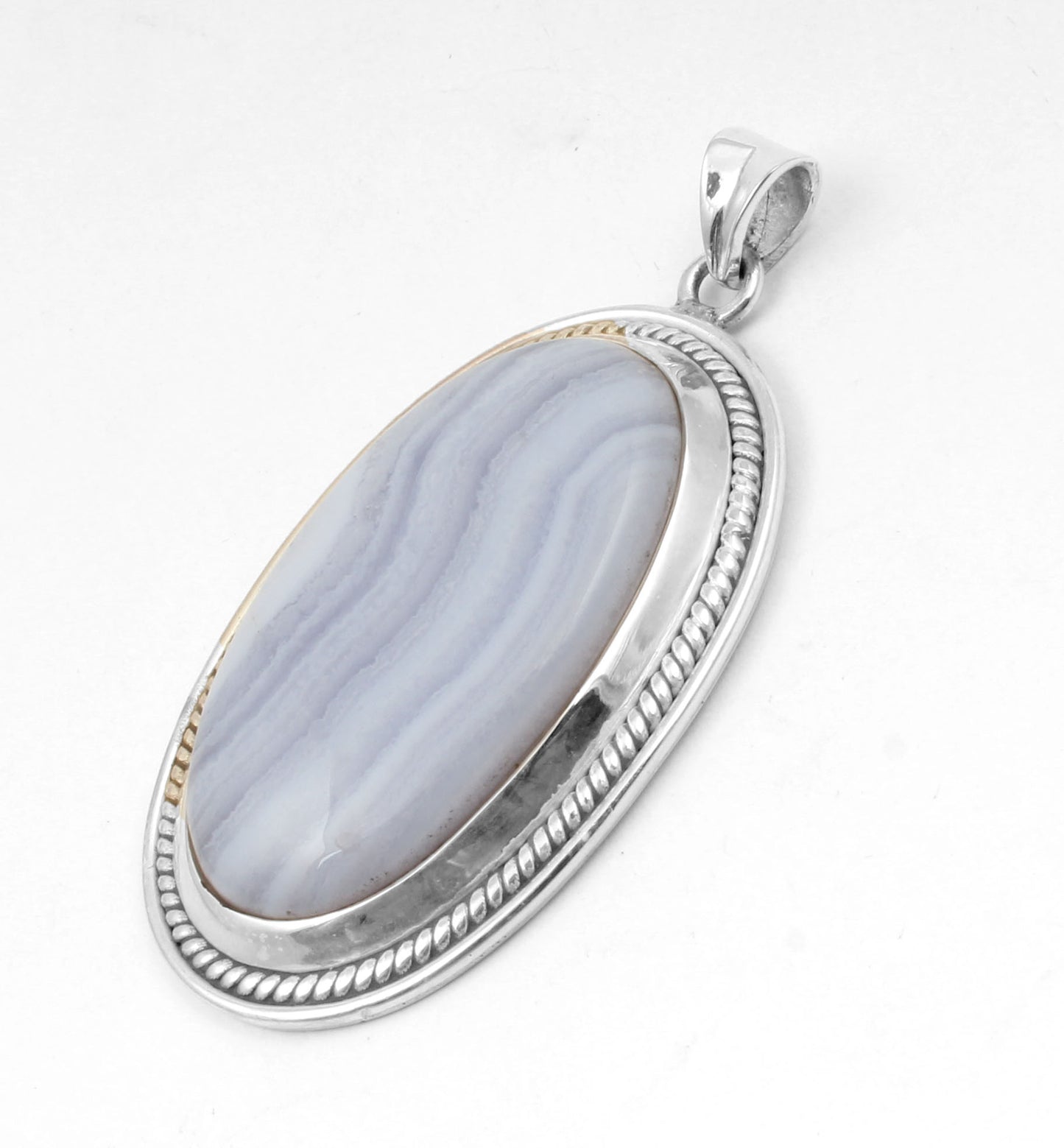 Designer Oval Blue Lace Agate Pendant Handmade Twisted Wire Designer 925 Sterling Silver Natural Gemstone Pendant