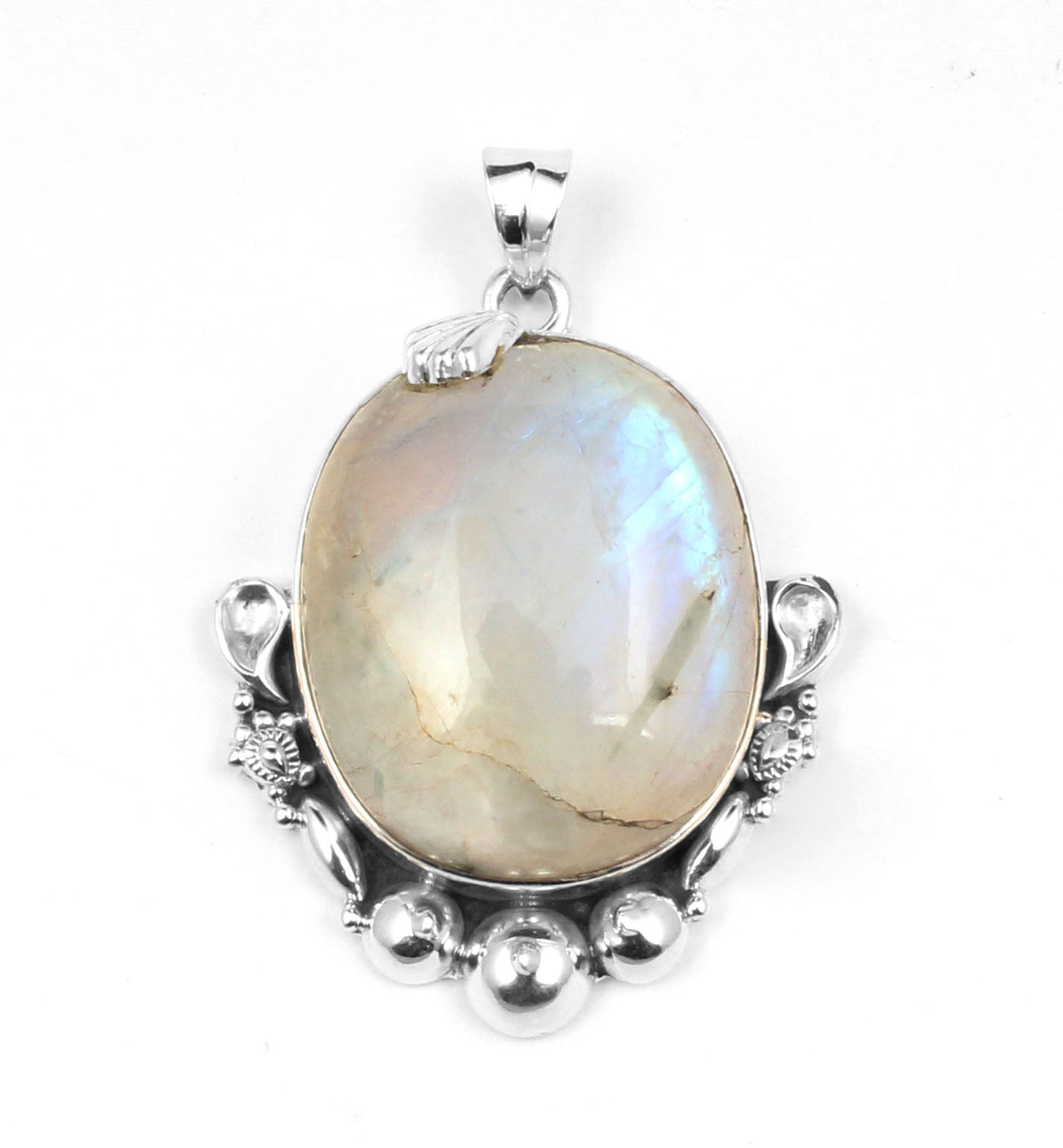 Natural Rainbow Moonstone Pendant Designer 925 Sterling Silver Handmade Oval Shape Cabochon Pendant