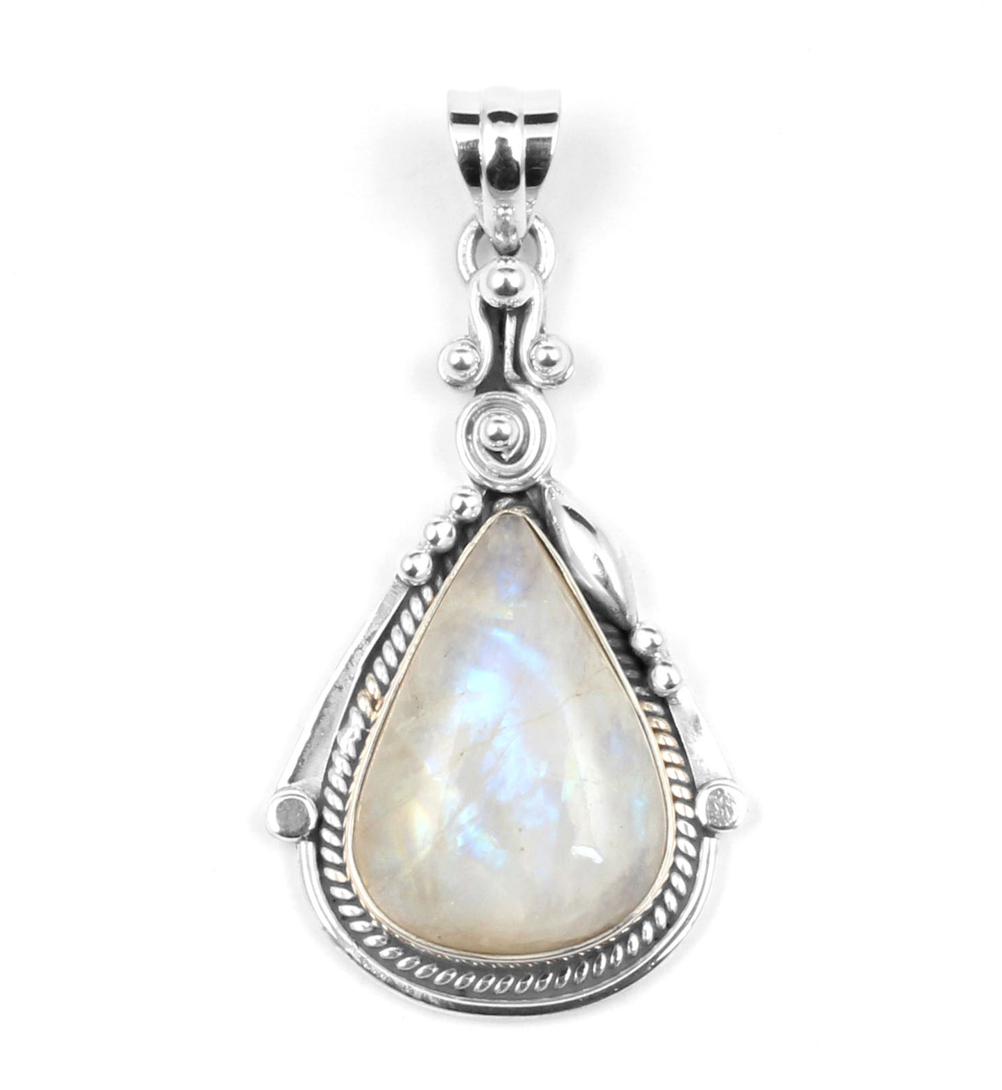 Natural Pear Rainbow Moonstone Pendant 925 Sterling Silver Handmade Gemstone Statement Pendant