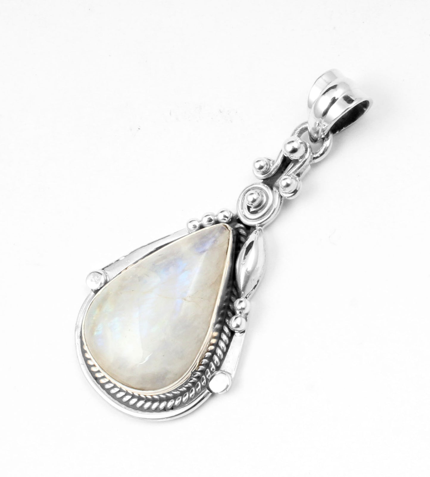 Natural Pear Rainbow Moonstone Pendant 925 Sterling Silver Handmade Gemstone Statement Pendant