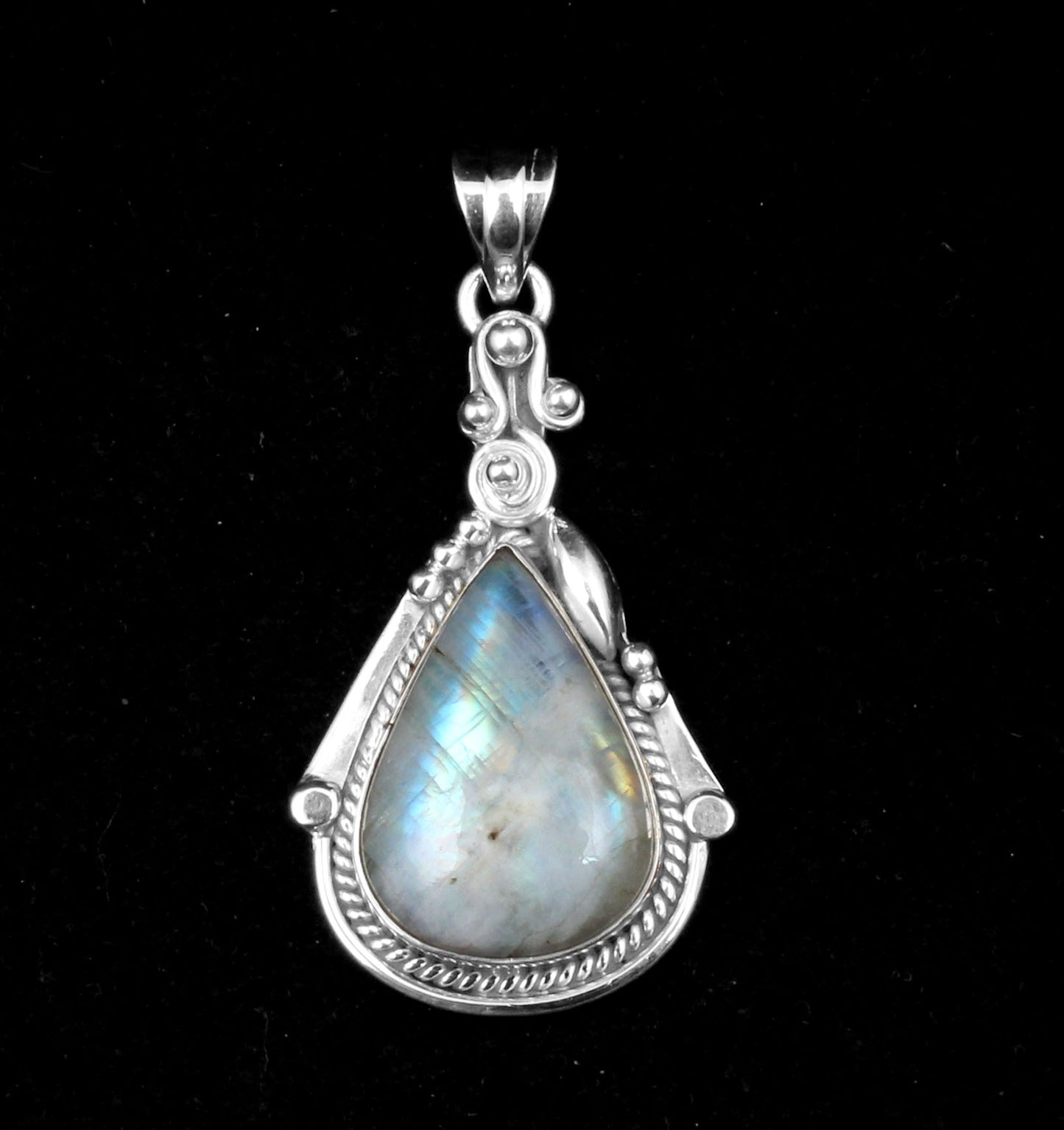Boho Twisted Wire Design Rainbow Moonstone Pendant 925 Sterling Silver Handmade Natural Gemstone Pendant