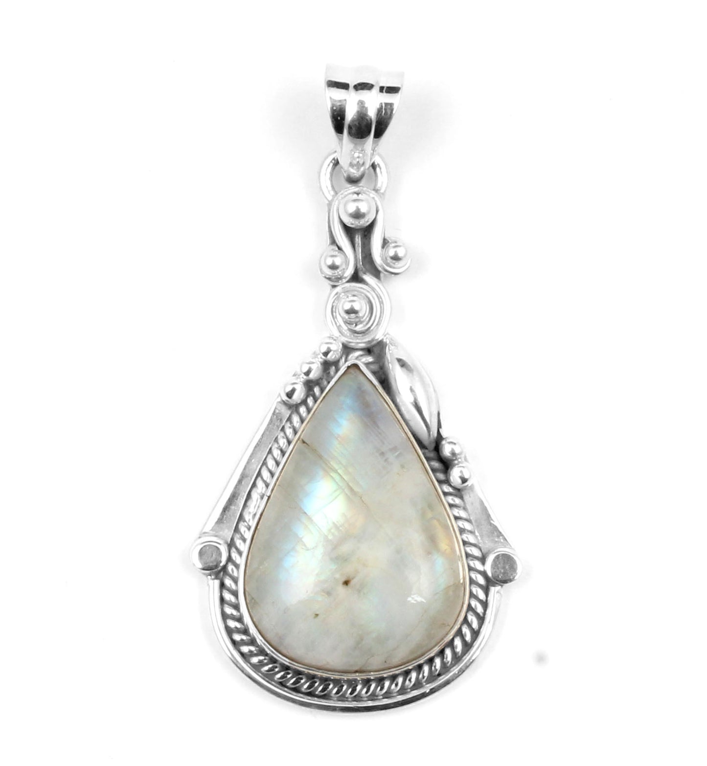 Boho Twisted Wire Design Rainbow Moonstone Pendant 925 Sterling Silver Handmade Natural Gemstone Pendant
