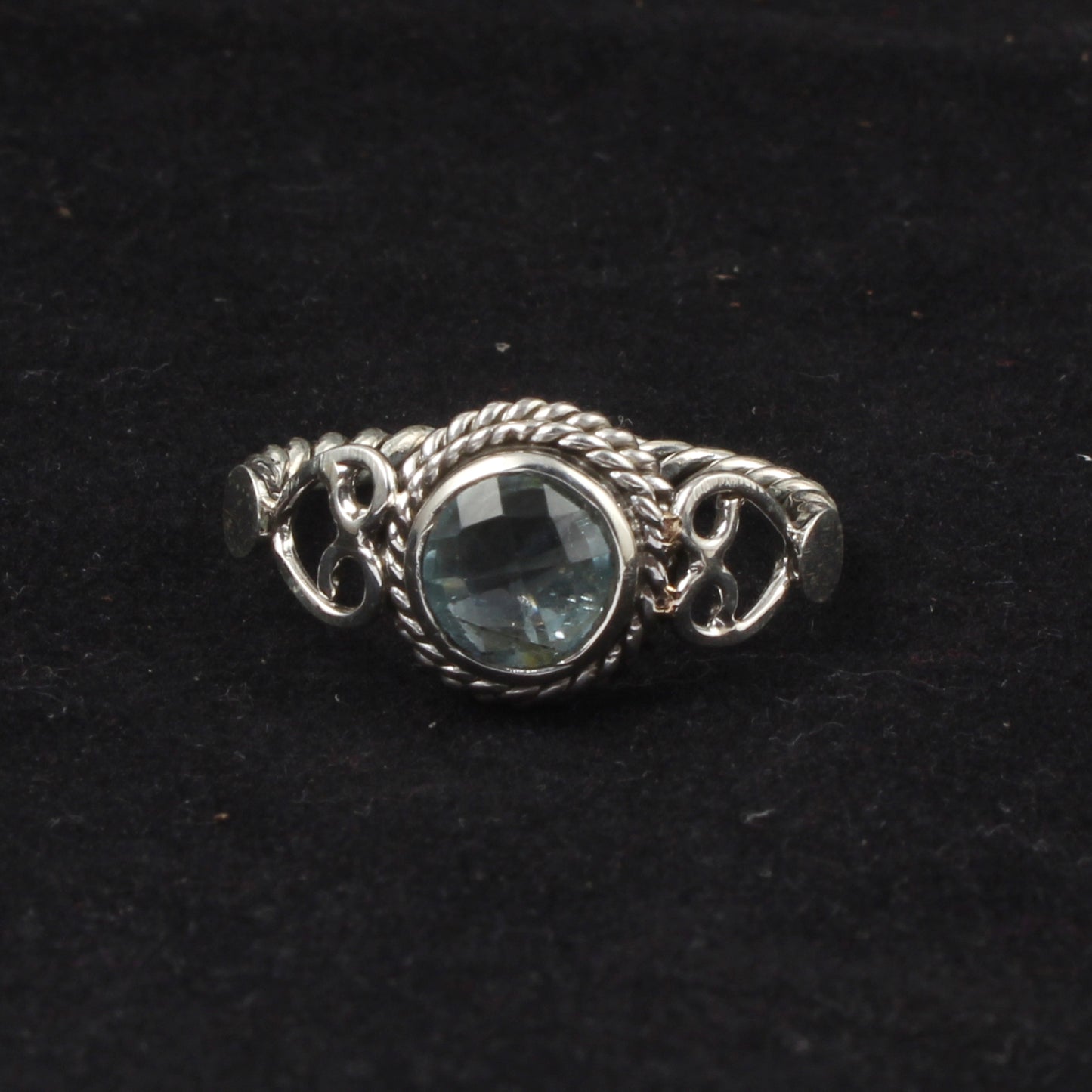 Round Checker Cut Blue Topaz Bohemian Ring Designer Twisted Rope Band 925 Sterling Silver Ring