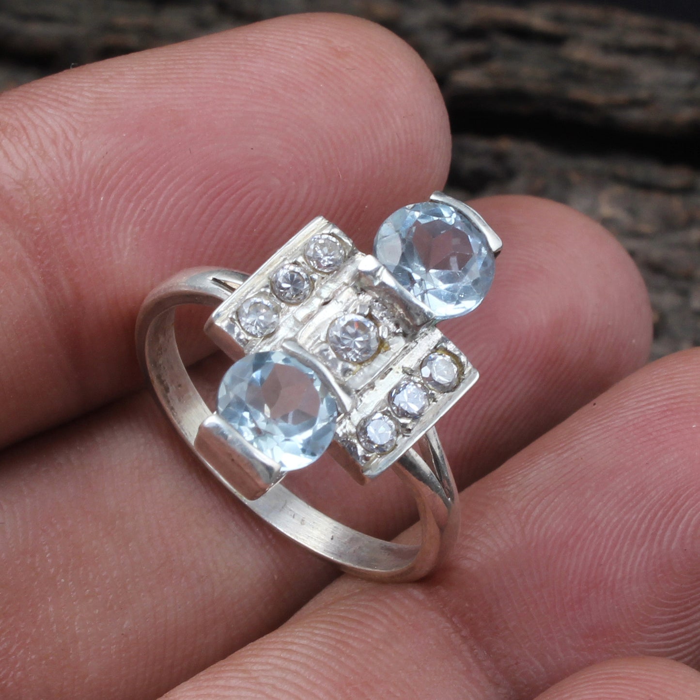 Modern Geometric Blue Topaz Cluster Ring Handmade CZ 925 Sterling Silver December Birthstone Ring