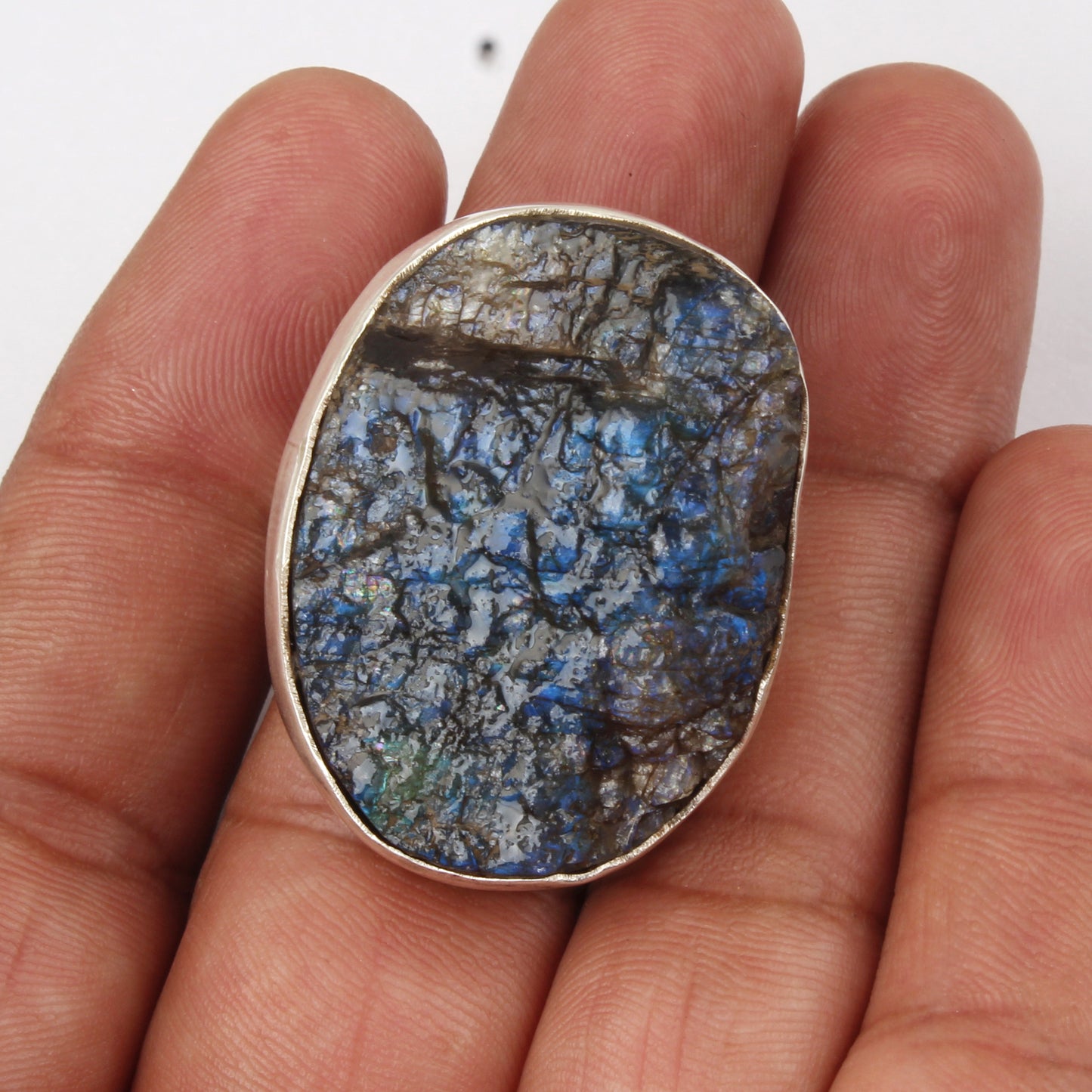 Heavy Rough Labradorite Ring Handmade 925 Sterling Silver Natural Gemstone Ring Raw Stone Jewelry