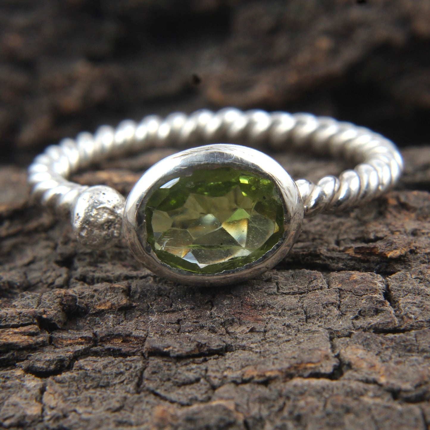 Faceted Peridot 925 Sterling Silver Ring Handmade August Birthstone Ring Adjustable Twisted Wire Band Ring