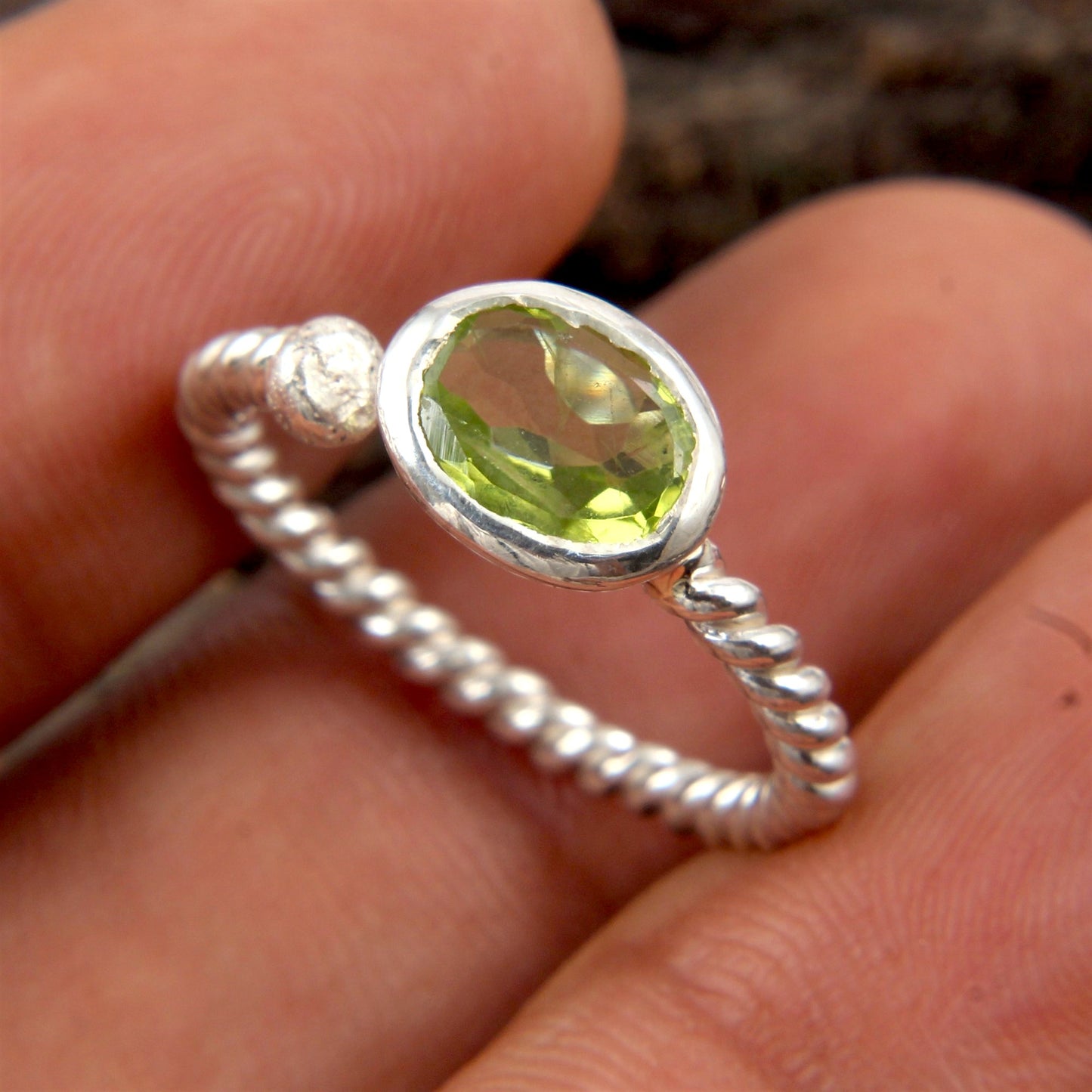 Faceted Peridot 925 Sterling Silver Ring Handmade August Birthstone Ring Adjustable Twisted Wire Band Ring