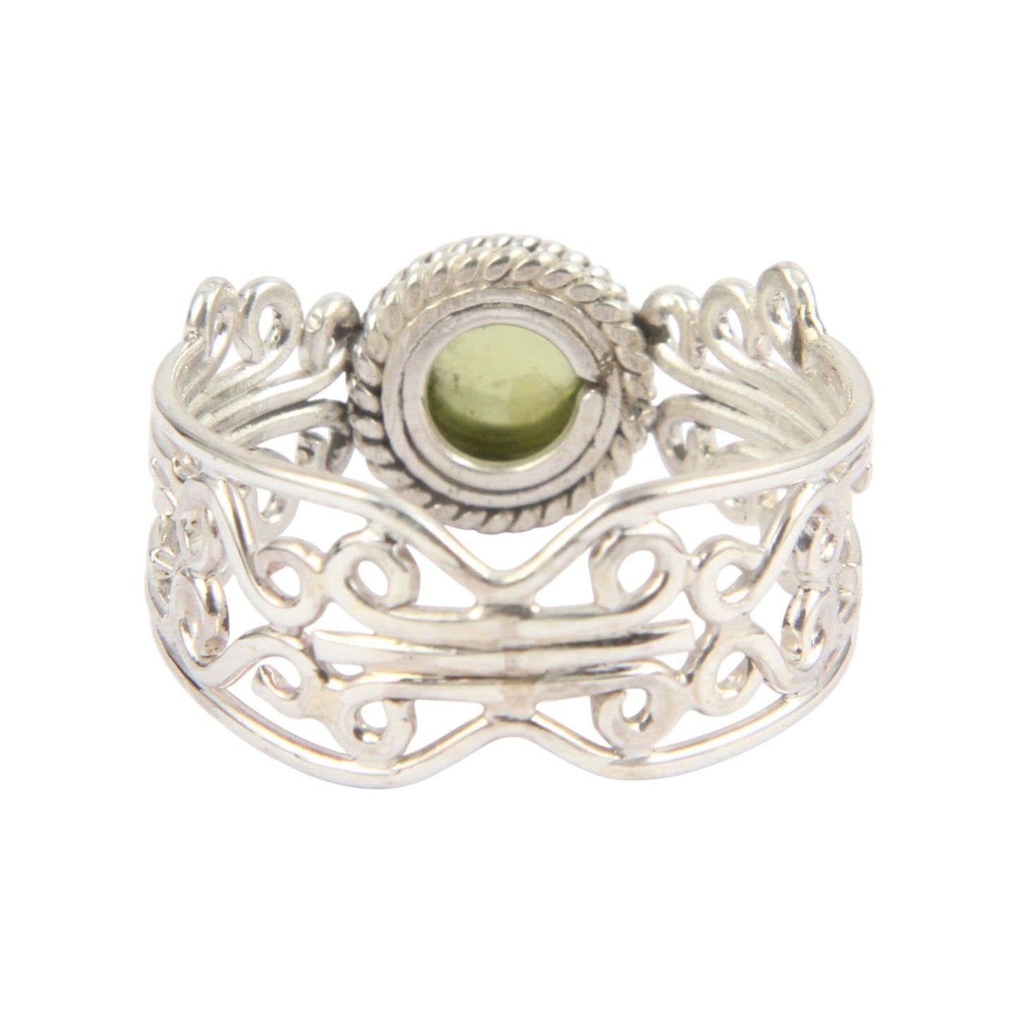Unique Artisan Peridot Ring in 925 Sterling Silver Handmade Round Cab Ring