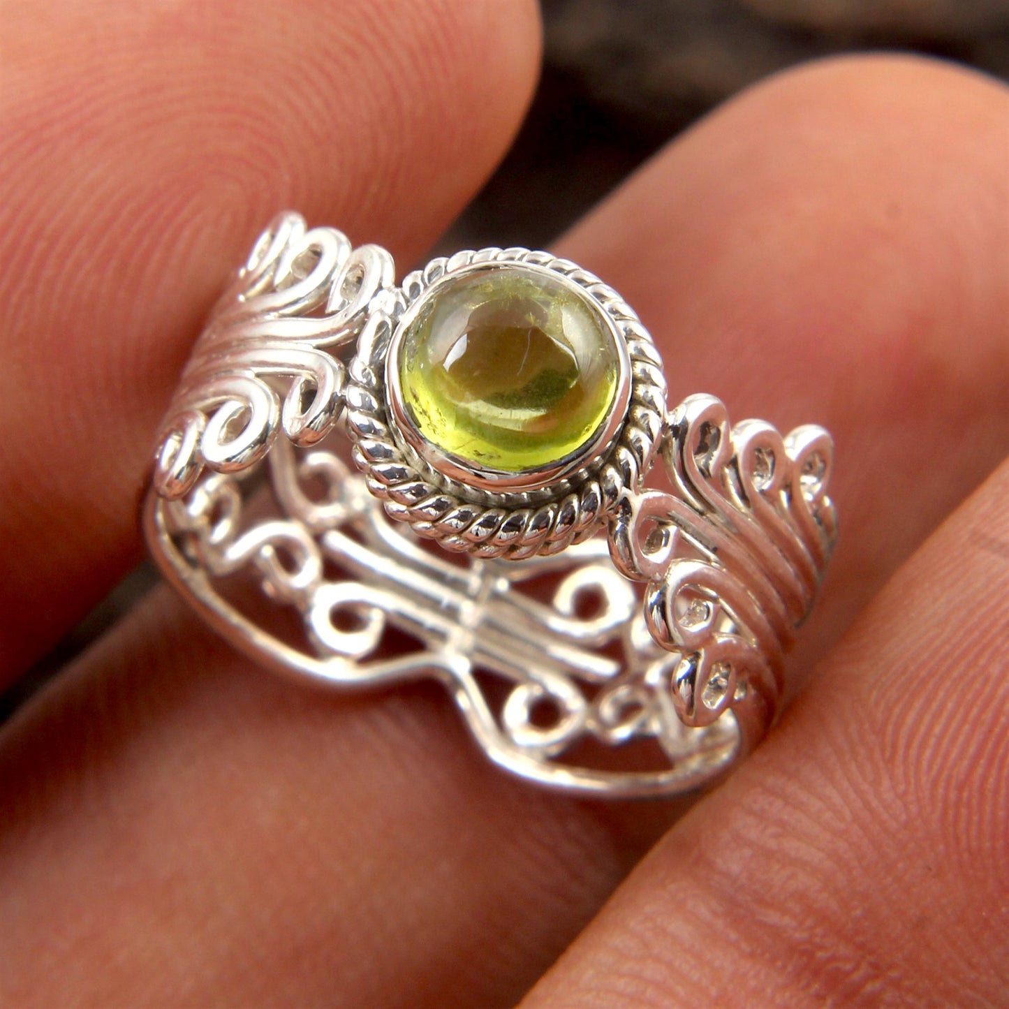 Unique Artisan Peridot Ring in 925 Sterling Silver Handmade Round Cab Ring