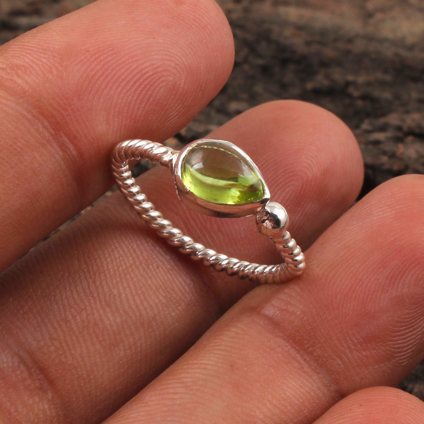Pear Peridot Cabochon 925 Sterling Silver Ring August Birthstone Promise Ring Adjustable Twisted Wire Band Ring