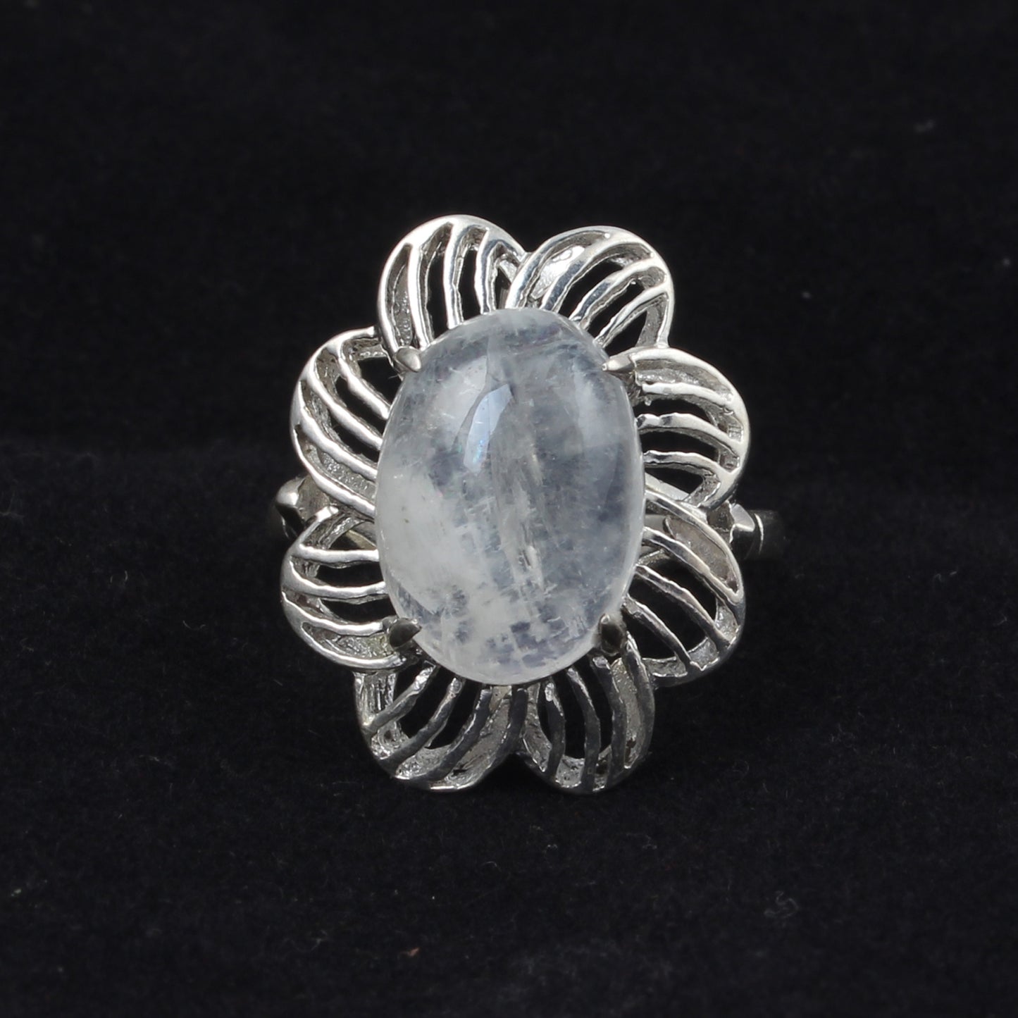 Floral Designer Rainbow Moonstone Ring 925 Sterling Silver Natural Oval Gemstone Prong Setting Ring
