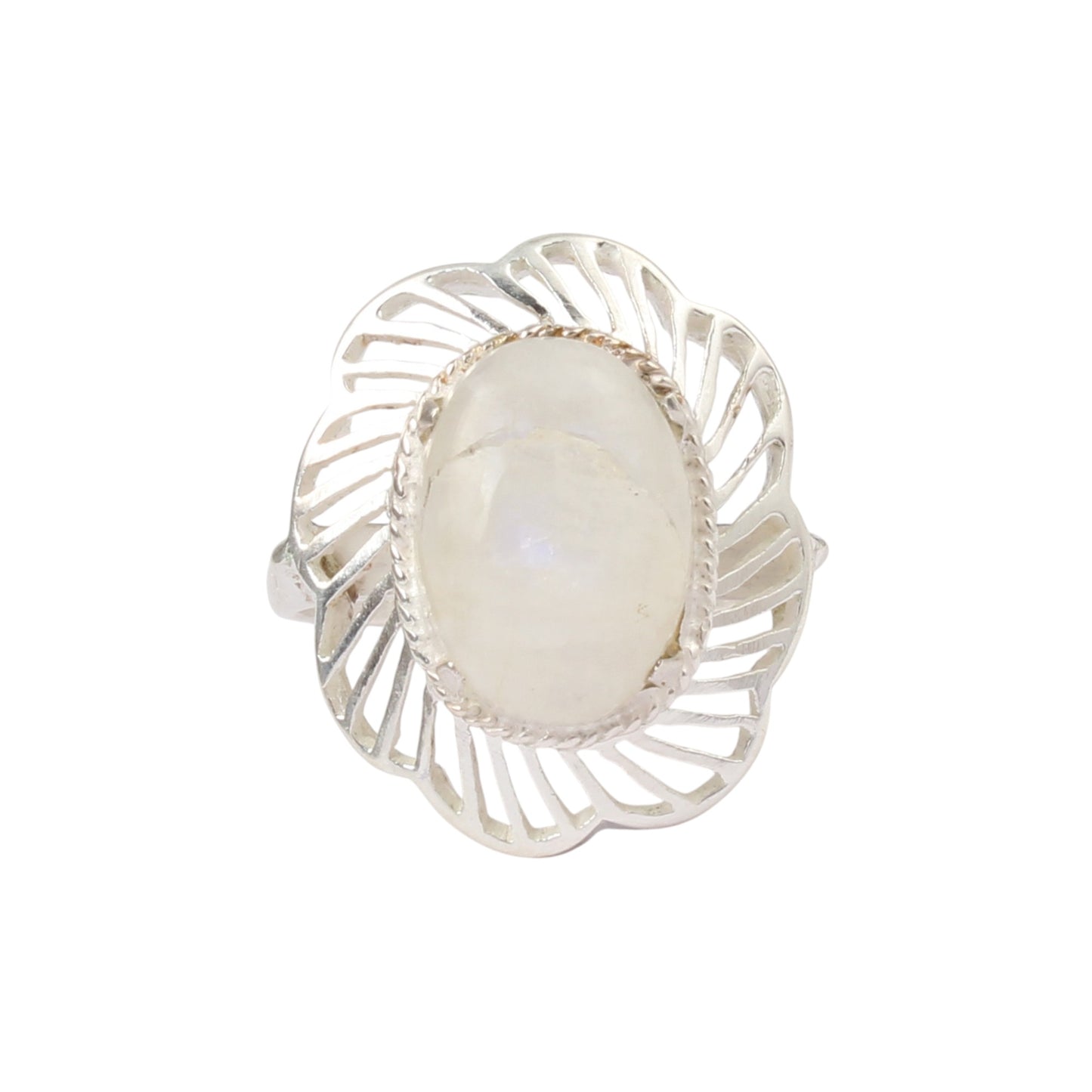 Retro Floral Rainbow Moonstone Ring 925 Sterling Silver Natural Oval Gemstone Prong Setting Ring