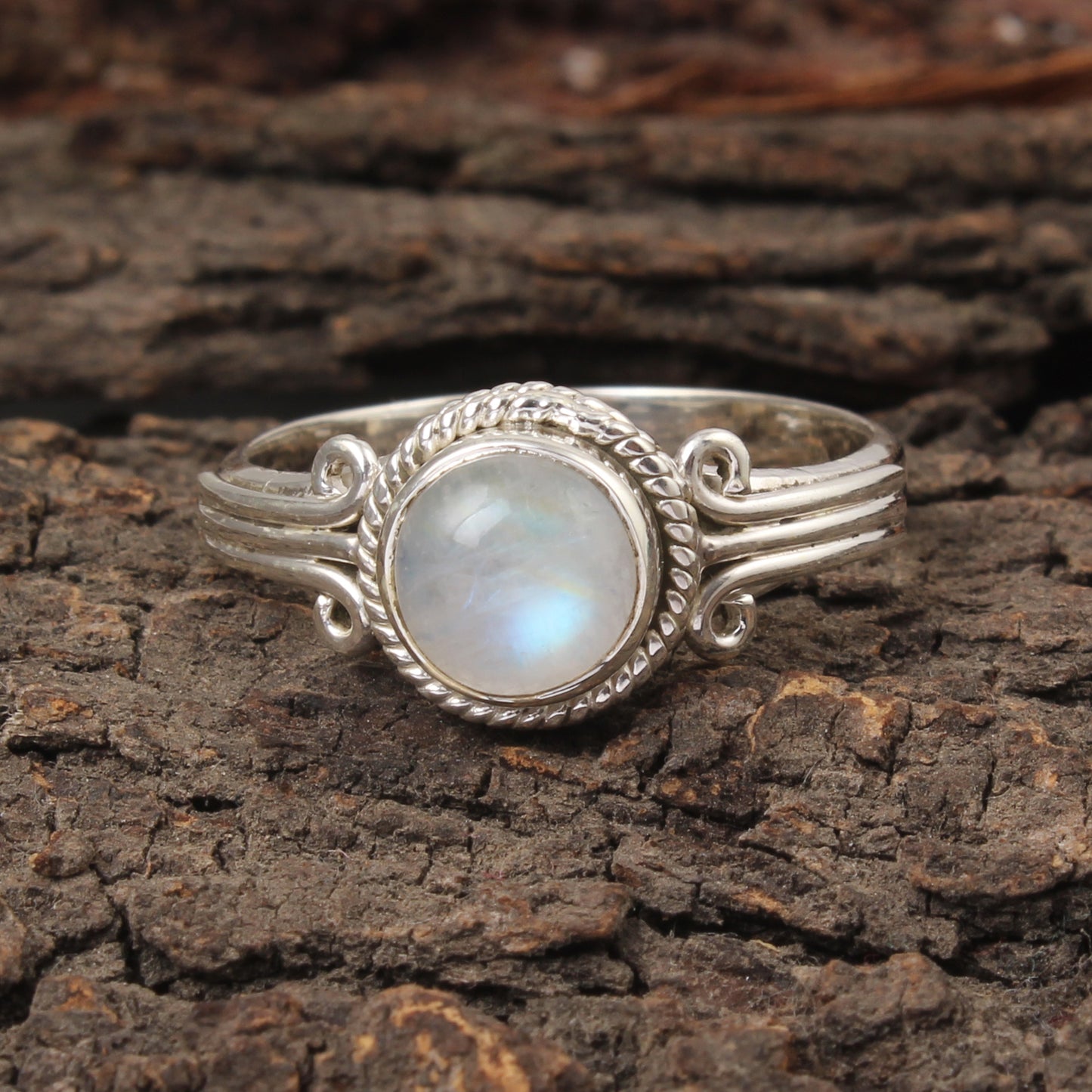 Natural Rainbow Moonstone Ring Handmade Twisted Wire 925 Sterling Silver Round Gemstone Ring