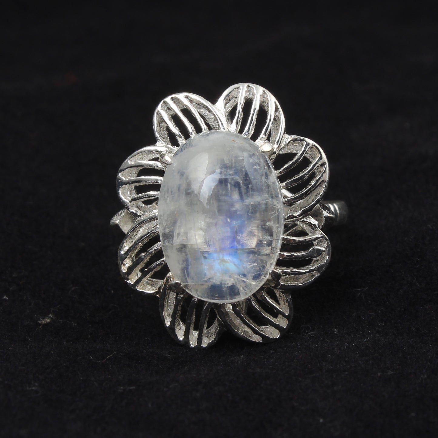 Floral Rainbow Moonstone Ring Designer 925 Sterling Silver Natural Gemstone Prong Setting Ring
