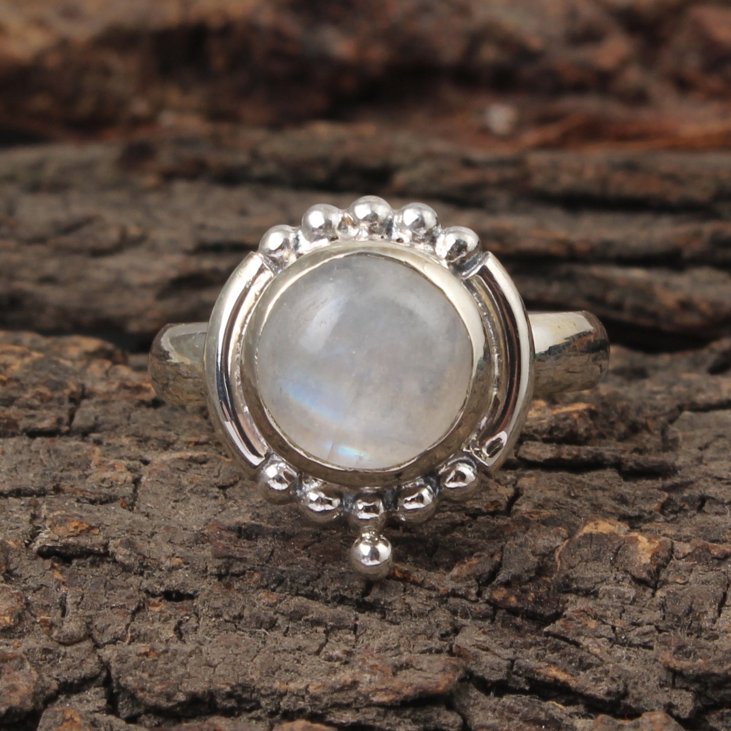 Bohemian Rainbow Moonstone Ring Handmade 925 Sterling Silver Natural Round Shape Gemstone Ring