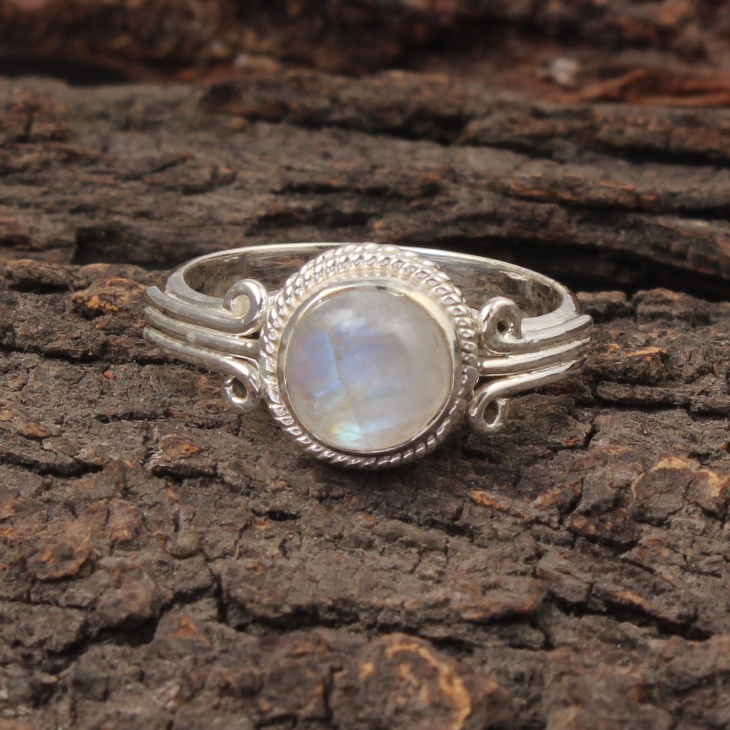 Natural Rainbow Moonstone Ring Handmade Twisted Wire 925 Sterling Silver Round Rainbow Gemstone Ring